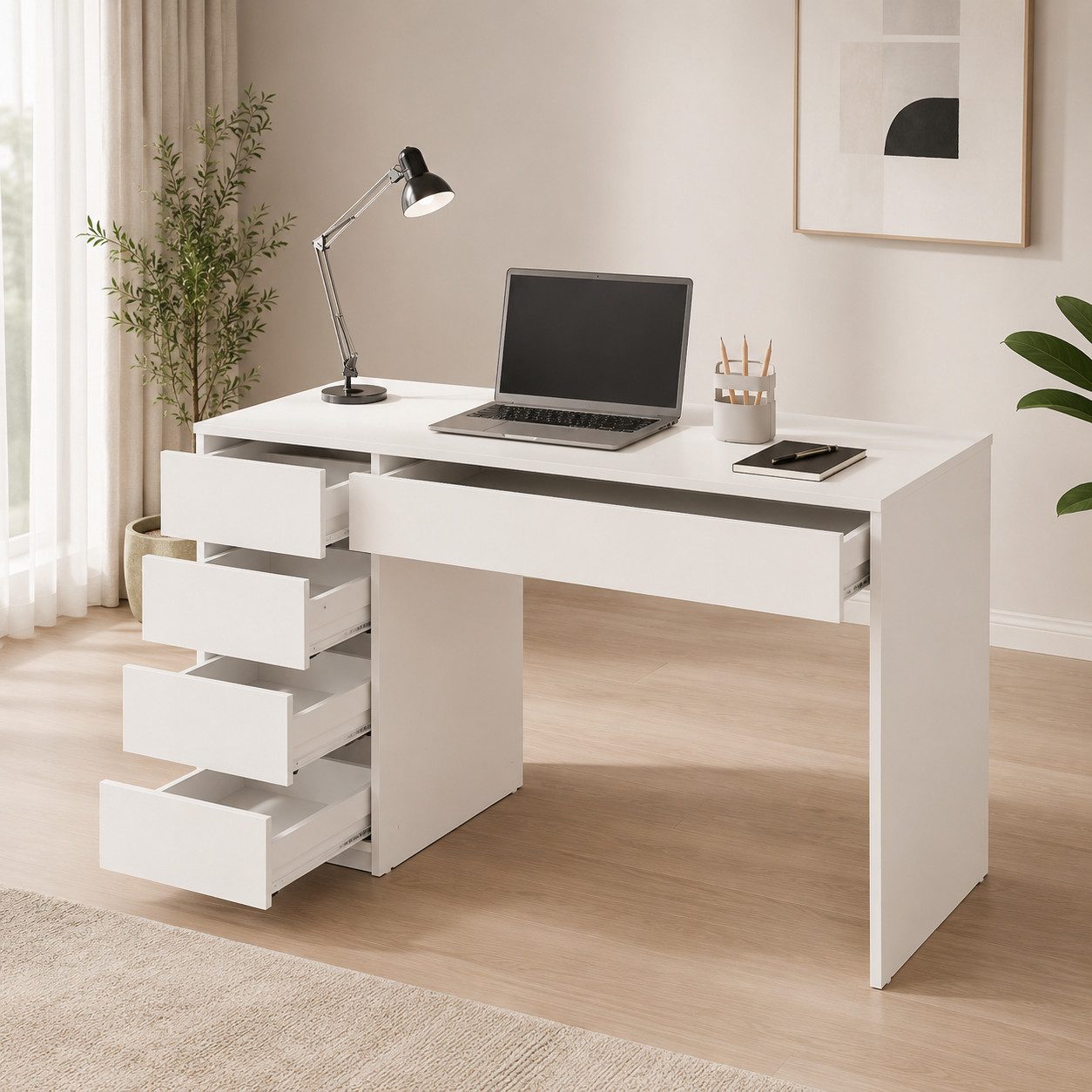 ibonto Schreibtisch Computertisch mit Stauraum 5 Schubladen, mattweiß (1 Schreibtisch), 120 cm breit, 5 Schubladen, mattweiß, mit Stauraum