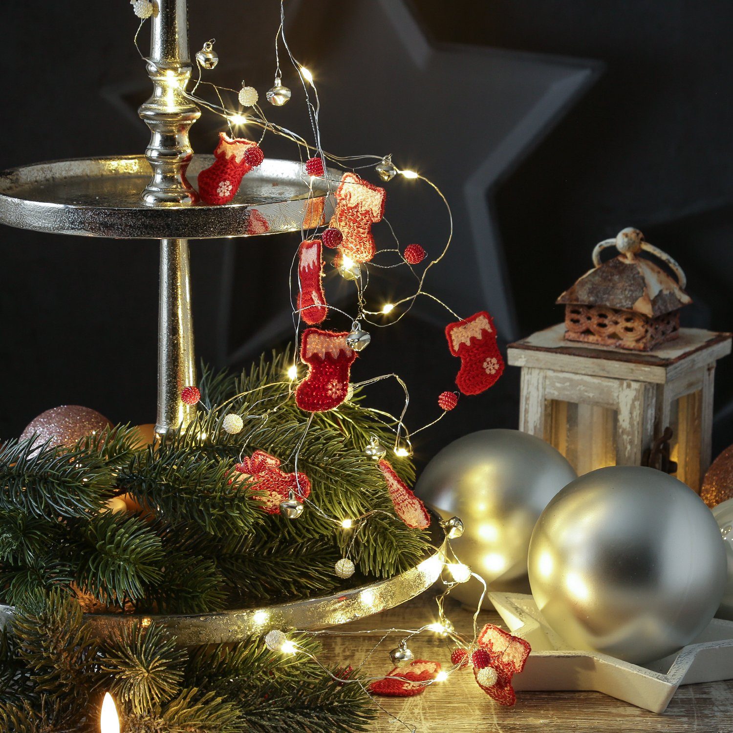 MARELIDA LED-Lichterkette Weihnachtssocke Strumpf Stiefel Glöckchen L: 1,9m  Weihnachtsgirlande, 20-flammig