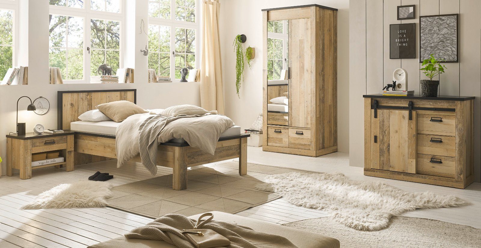 Furn.Design Komplettschlafzimmer Stove, (Used Wood Design, Komplett-Set 6-teilig, Liegefläche 90x200 cm), mit Soft-Close-Funktion