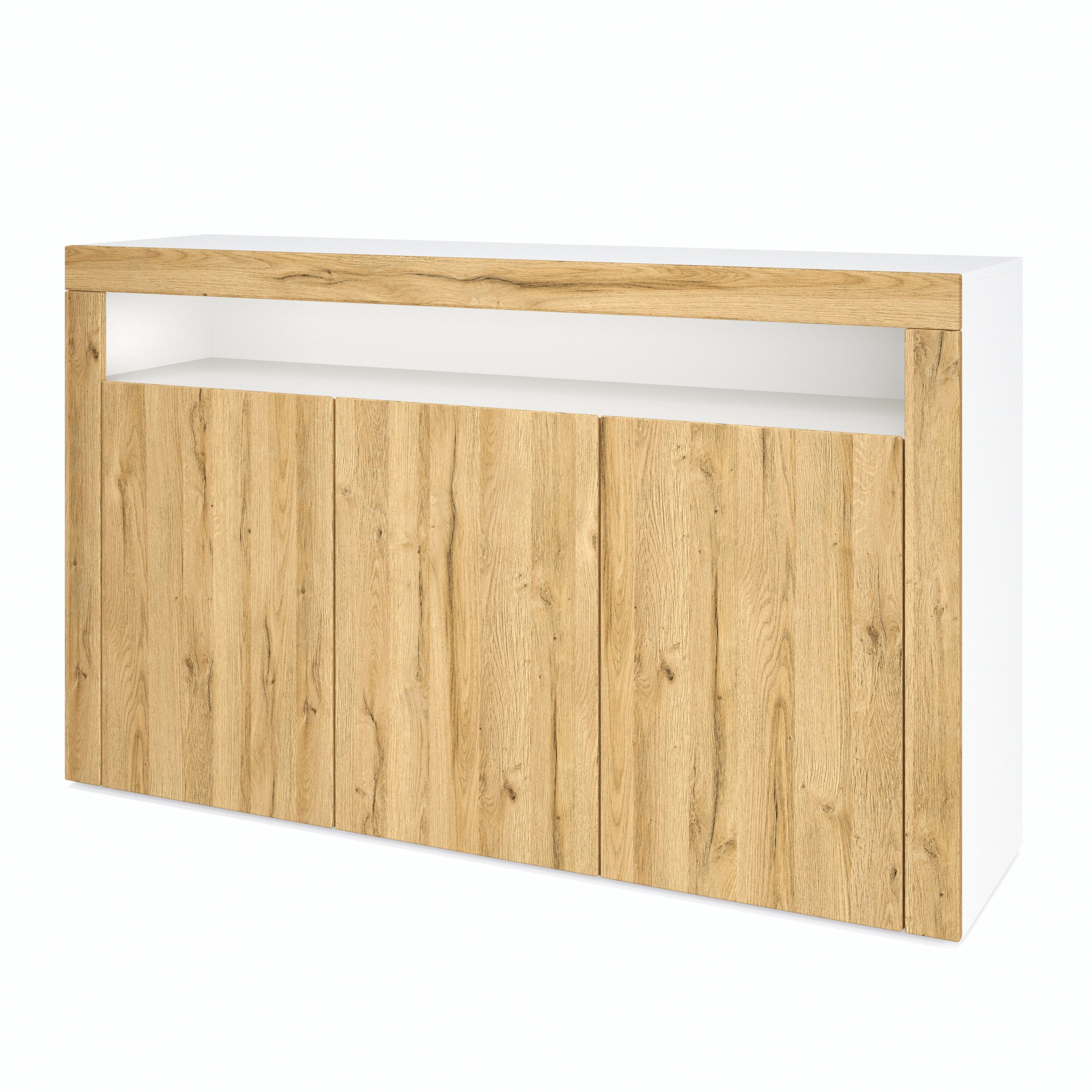Vladon Sideboard Valencia (Sideboard, mit 3 Türen und 1 offenem Fach), Weiß matt/Eiche Natur/Eiche Natur (155 x 92 x 40 cm)