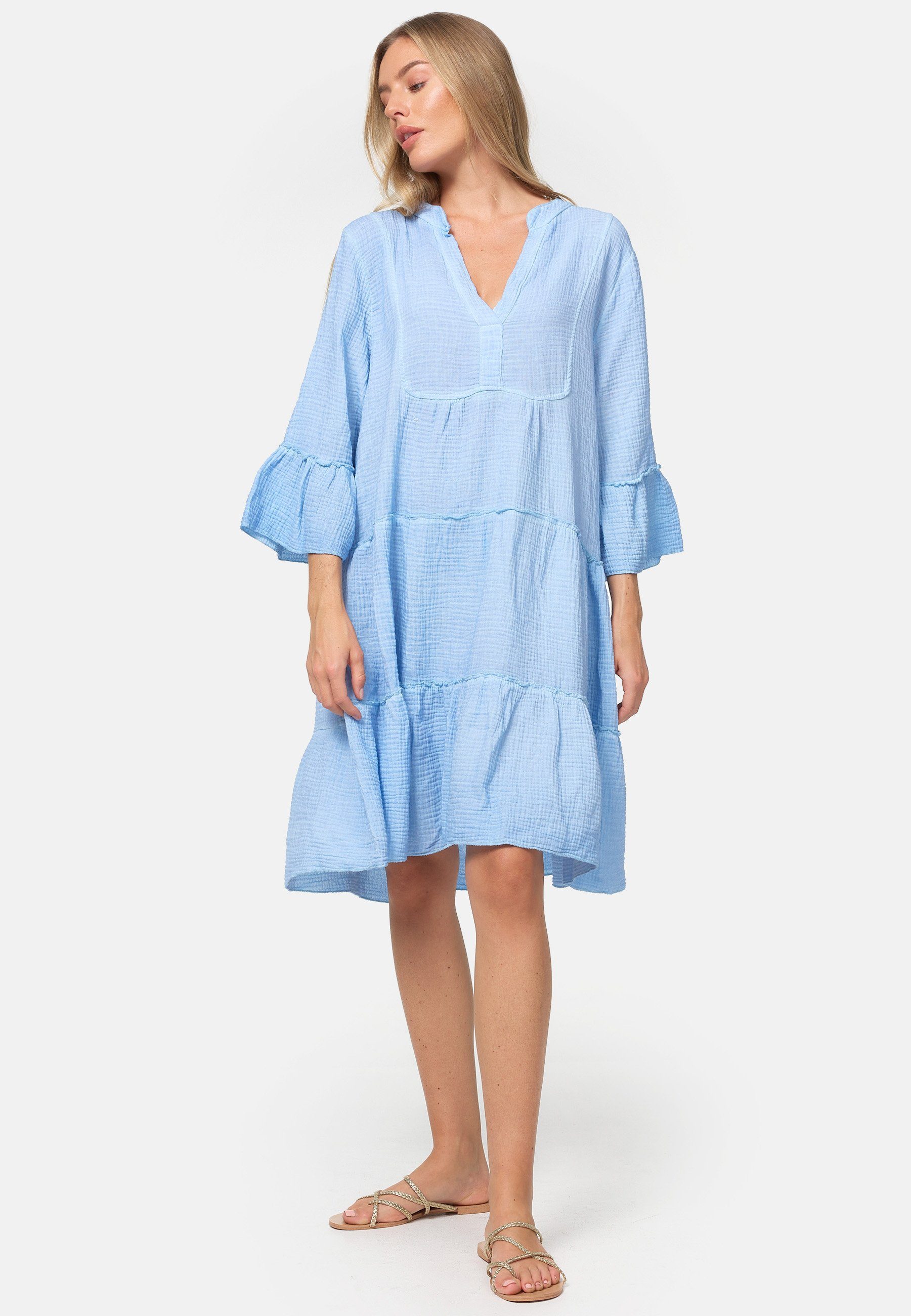 Rayshyne Sommerkleid PM39 (Leichtes Sommer Minikleid aus Musselin mit Rüschen) Musselin, Baumwolle, Rüschen, 3/4 Ärmel, Oversize – Bild 2 von 5