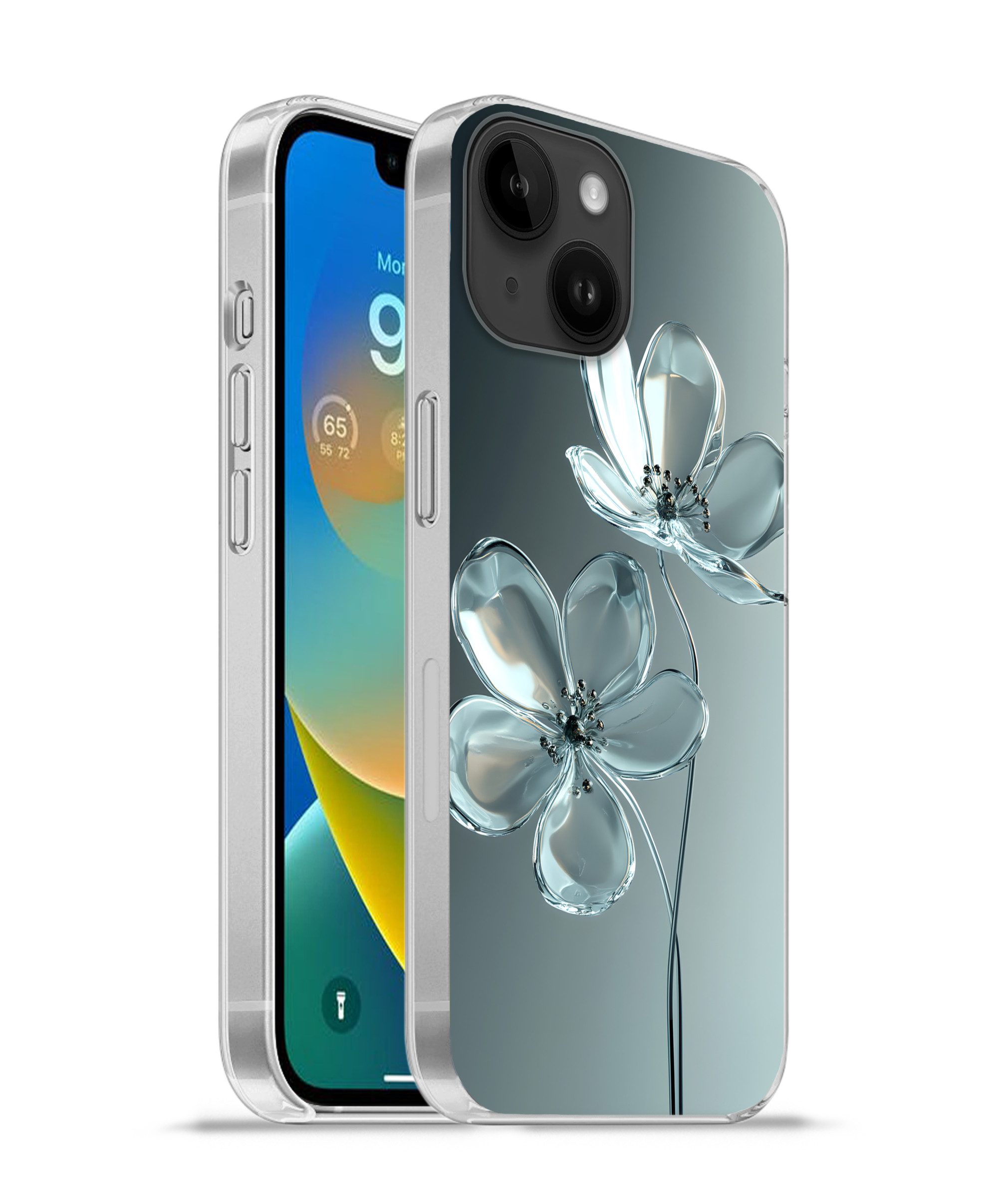 MuchoWow Handyhülle für Apple iPhone 14 Kristall - Blumen - Grau, Smartphone-Bumper, Print, Handy Schutzhülle Dünn