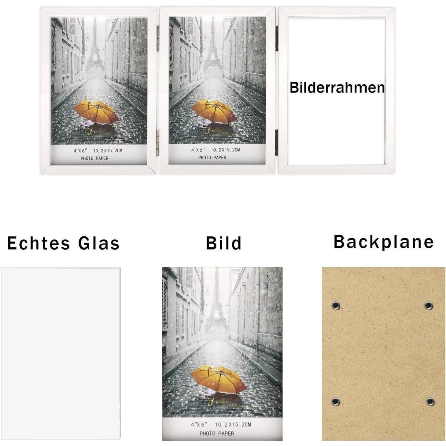 LuxusKollektion Bilderrahmen Collage Bilderrahmen für 3 Fotos 13x18 cm Holz Weiß Aufklappbar mit Glasfront