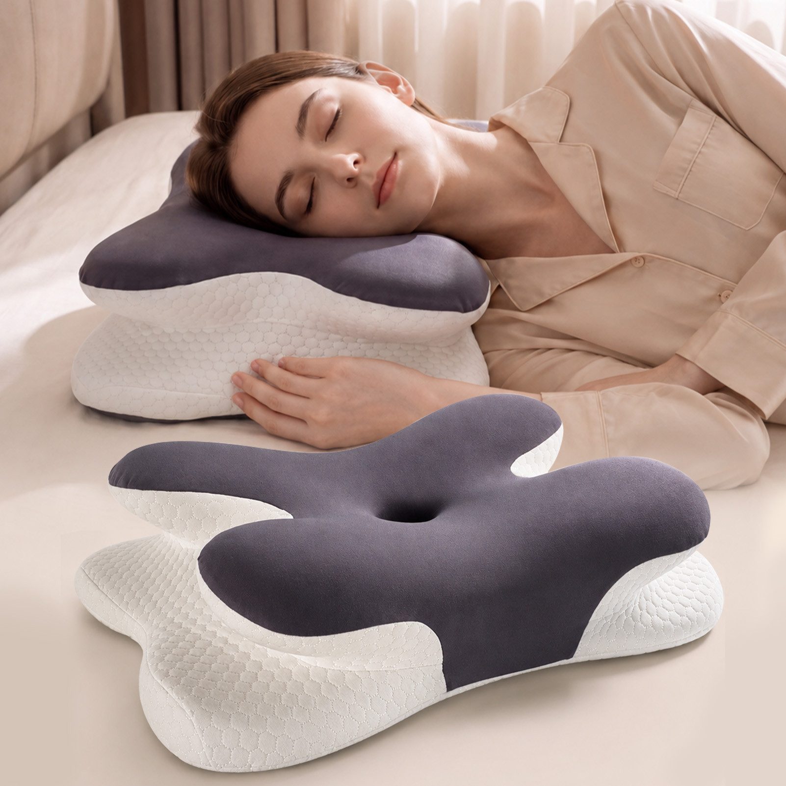 Esun Kopfkissen Orthopädisches Nackenkissen Ergonomisches Memory Foam, Mit Reisetasche, Füllung: 100% Memory Foam, Rückenschlafer, Bauchschlafer, Seitenschlafer, Set, Praktische Reisetasche für Nackenkissen, für Seiten Rücken & Bauchschläfer, Nackenkissen