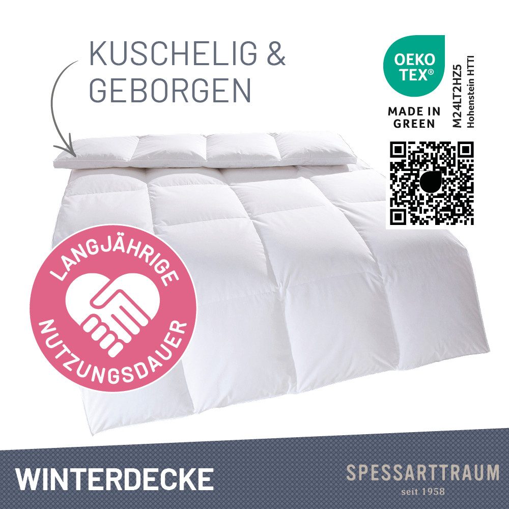 SPESSARTTRAUM Daunenbettdecke Exklusiv, Bettdecken für Sommer und Winter, Decke, Füllung: 100% Daunen, Klasse 1, Downpass zertifiziert, Bezug: 100% Baumwolle, Made in Green, Hausstauballergiker geeignet, 5 Wärmeklassen & 8 Größen, Bestseller