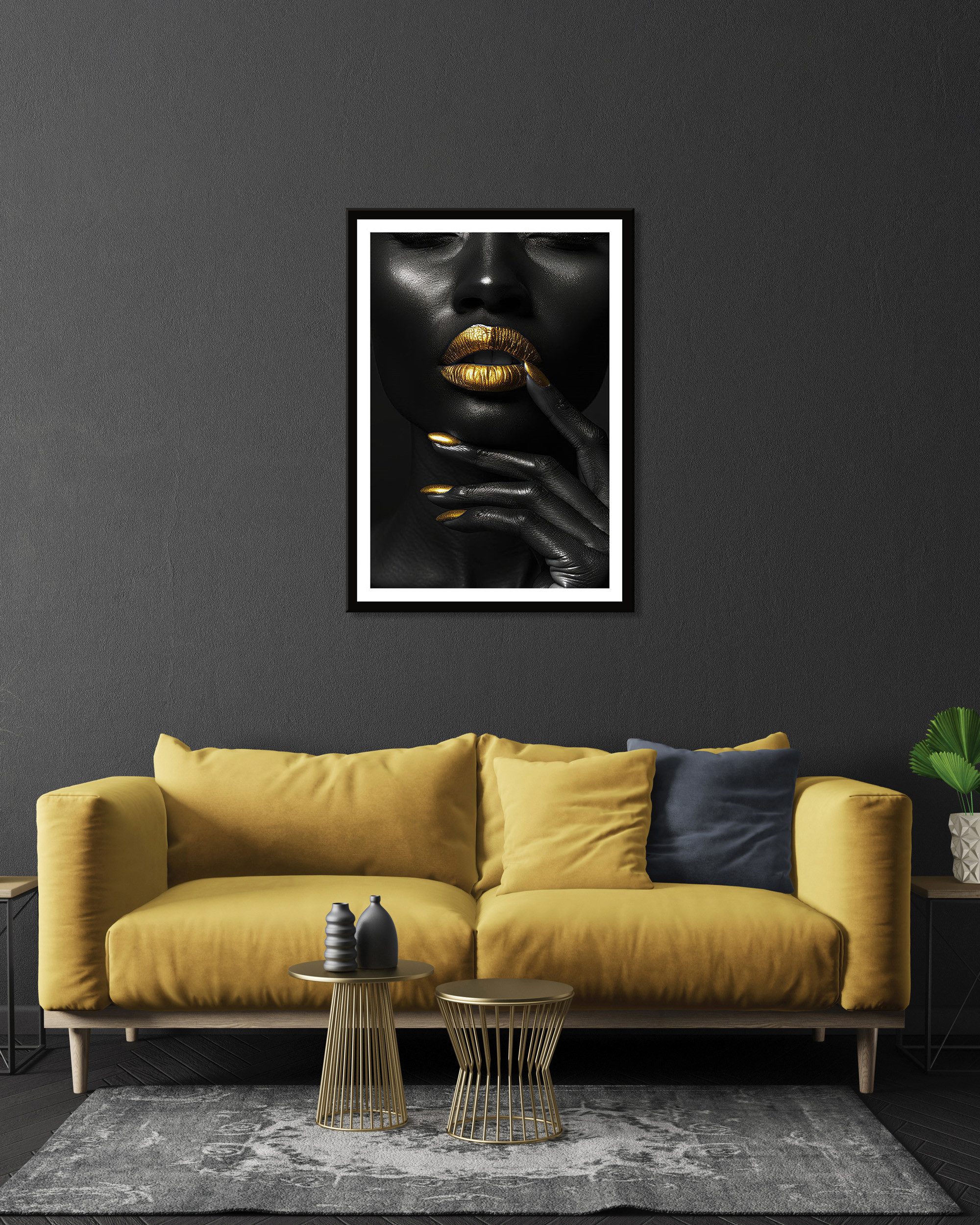 Bönninghoff Bild mit Rahmen Wandbild gerahmt FRAU SCHWARZ WEISS GOLD 50x70 cm – Modernes Glamour, Fashion, Frau, Gesicht, Kunst, Modern, Porträts (1 St), mit dekorativem Rahmen