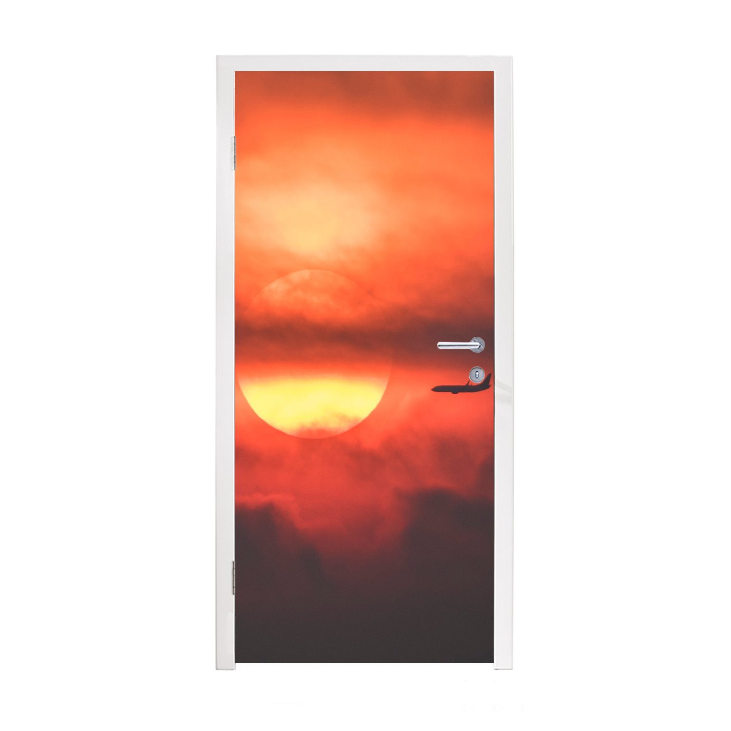 MuchoWow Türtapete Sonnenuntergang mit Silhouette eines Flugzeugs, Matt, bedruckt, (1 St), Fototapete für Tür, Türaufkleber, 75x205 cm