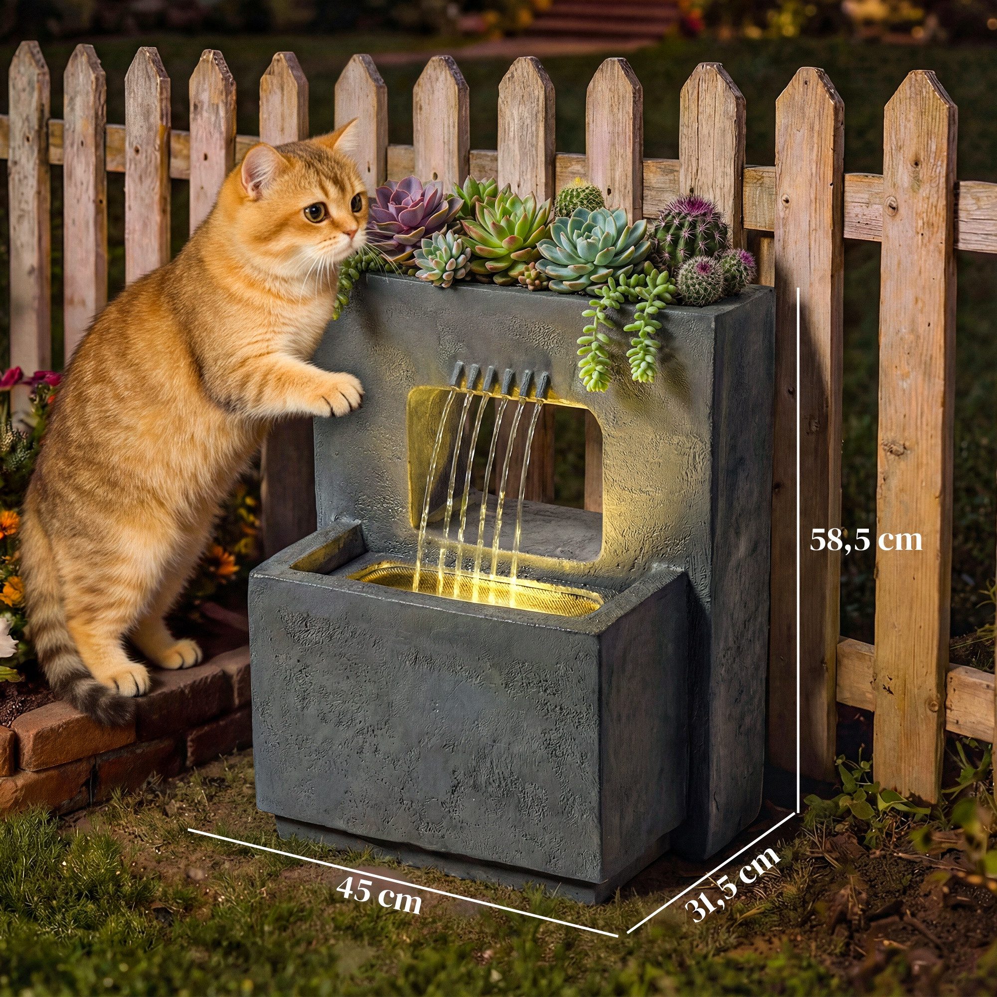 Outsunny Gartenbrunnen mit LED Beleuchtung, Pflanzkübel, Pumpe, Steinoptik, 45 cm Breite, Wasserbecken BxT: 31.5x31.5 cm, (Springbrunnen, 1 tlg., Zimmerbrunnen), für Garten Rasen 45 x 31,5 x 58,5 cm
