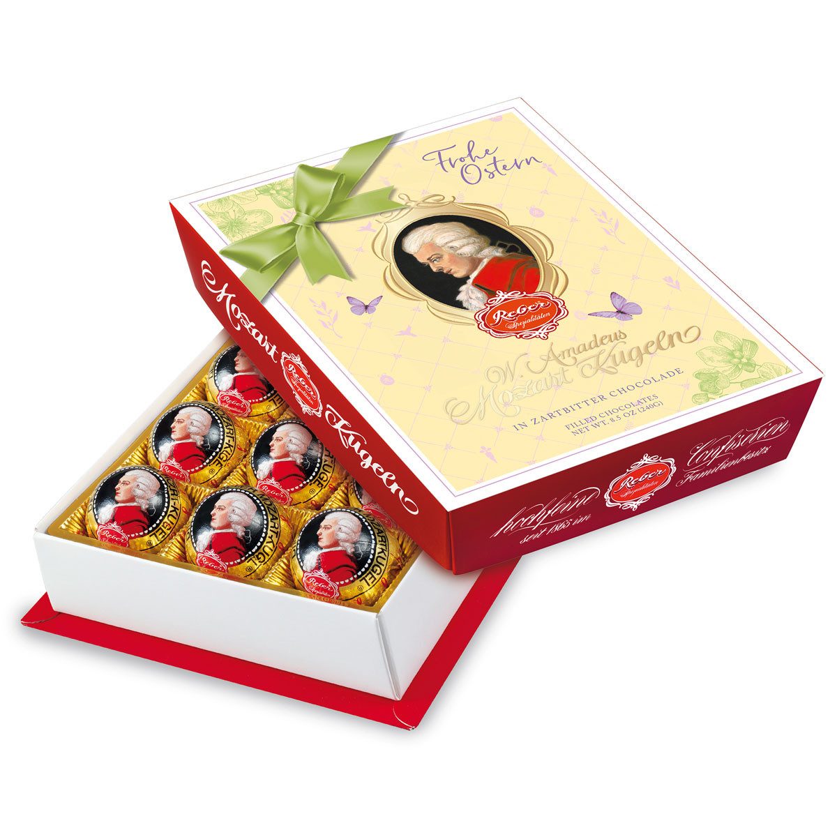 Reber Schokolade, Reber Mozart Kugeln Barock 12er Packung mit Osteraufleger 240g