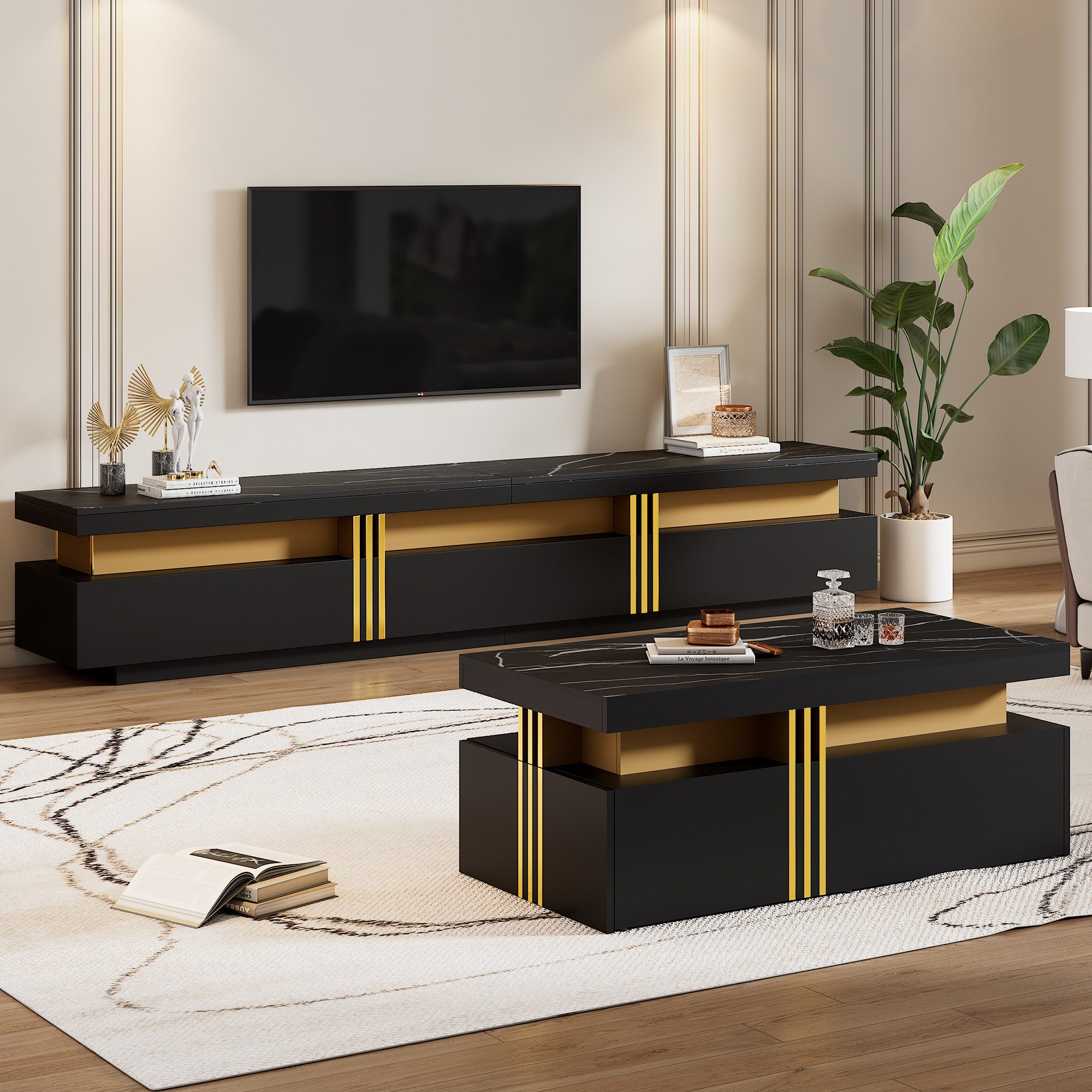 HAUSS SPOLE Wohnzimmer-Set Couchtisch + TV-Schrank, multifunktionale Schrankkombination schwarz, (Wohnwand, TV-Wandkombination, Wohnzimmer-Wandkombination, 2-St., 100*50*40 cm+200*40*42 cm), mit Marmormuster und goldene Dekoration