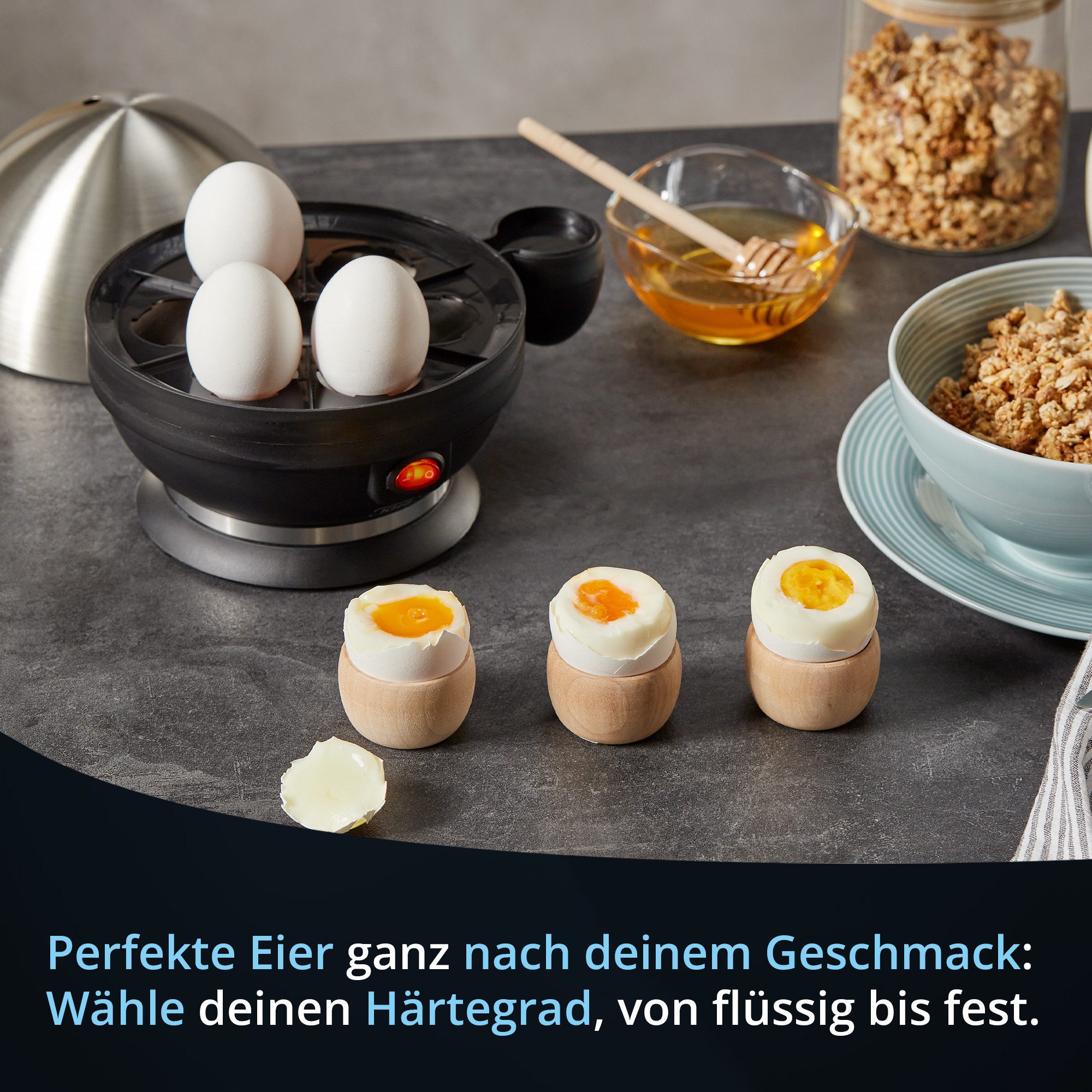 KHG Eierkocher Edelstahl, für bis zu 7 Eier, inkl. Messbecher mit Nadel, Anzahl Eier: 7 St., 380 W, Edelstahlheizplatte, Kabelfach auf der Unterseite