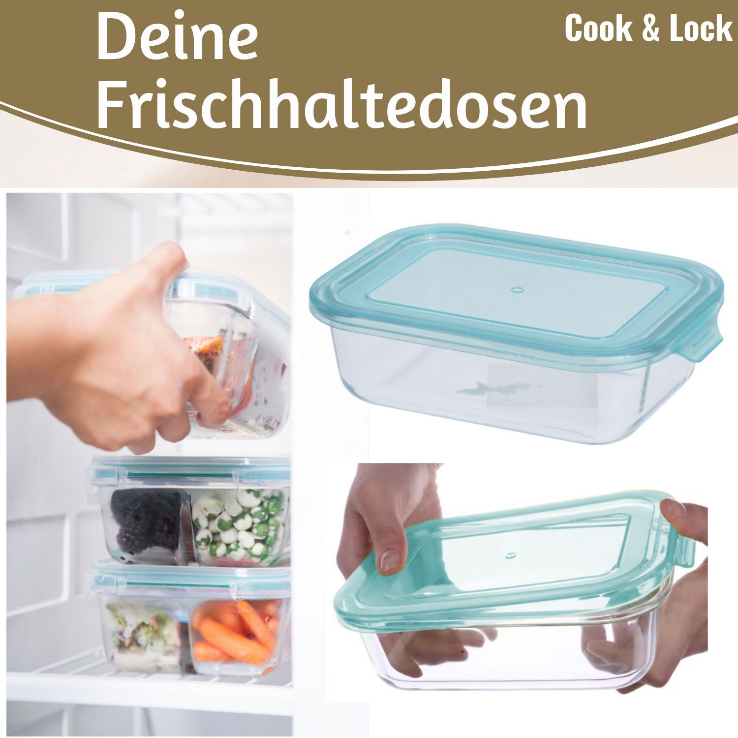 LS-LebenStil Frischhaltedose Glas Cook & Lock 3´er Set Glasschale mit Deckel Glasbehälter Boxen, Glas, (Glasdose mit Deckel, Borosilikatglas, Meal Prep Gläser V – Bild 4 von 5