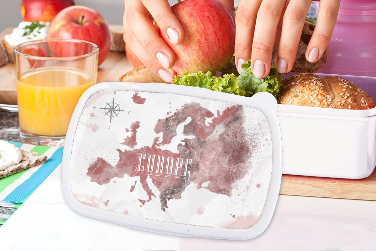 MuchoWow Lunchbox Karte - Europa - Brotbox Aquarell für Brotdose, und Mädchen Jungs Erwachsene, Kinder und Kompass, Kunststoff, weiß (2-tlg), für 