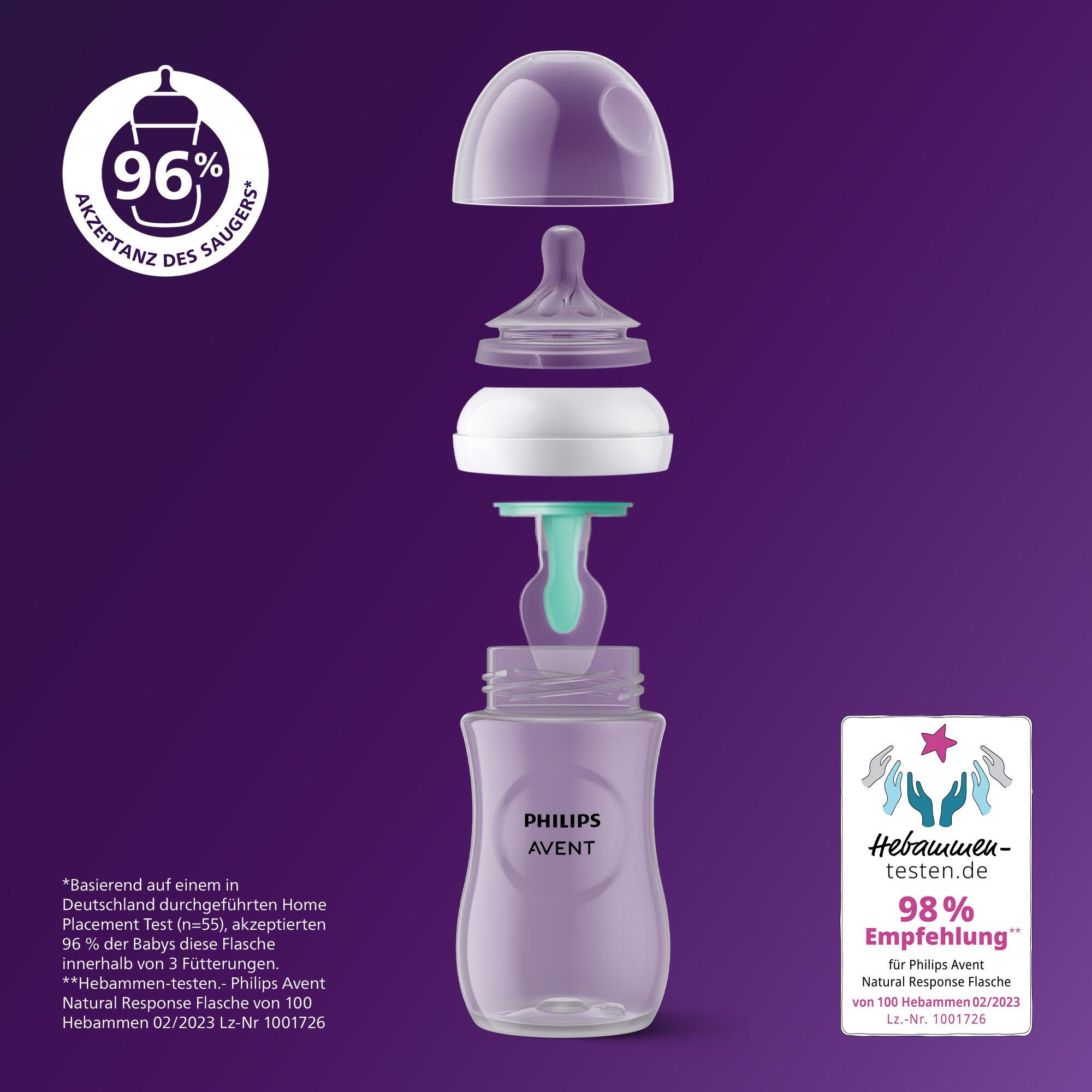 Philips AVENT Babyflasche Natural Response Flaschen-Set Air-Free Ventil SCD657/11, 4 Flaschen mit AirFree-Ventil, ultra soft Schnuller, Flaschenbürste