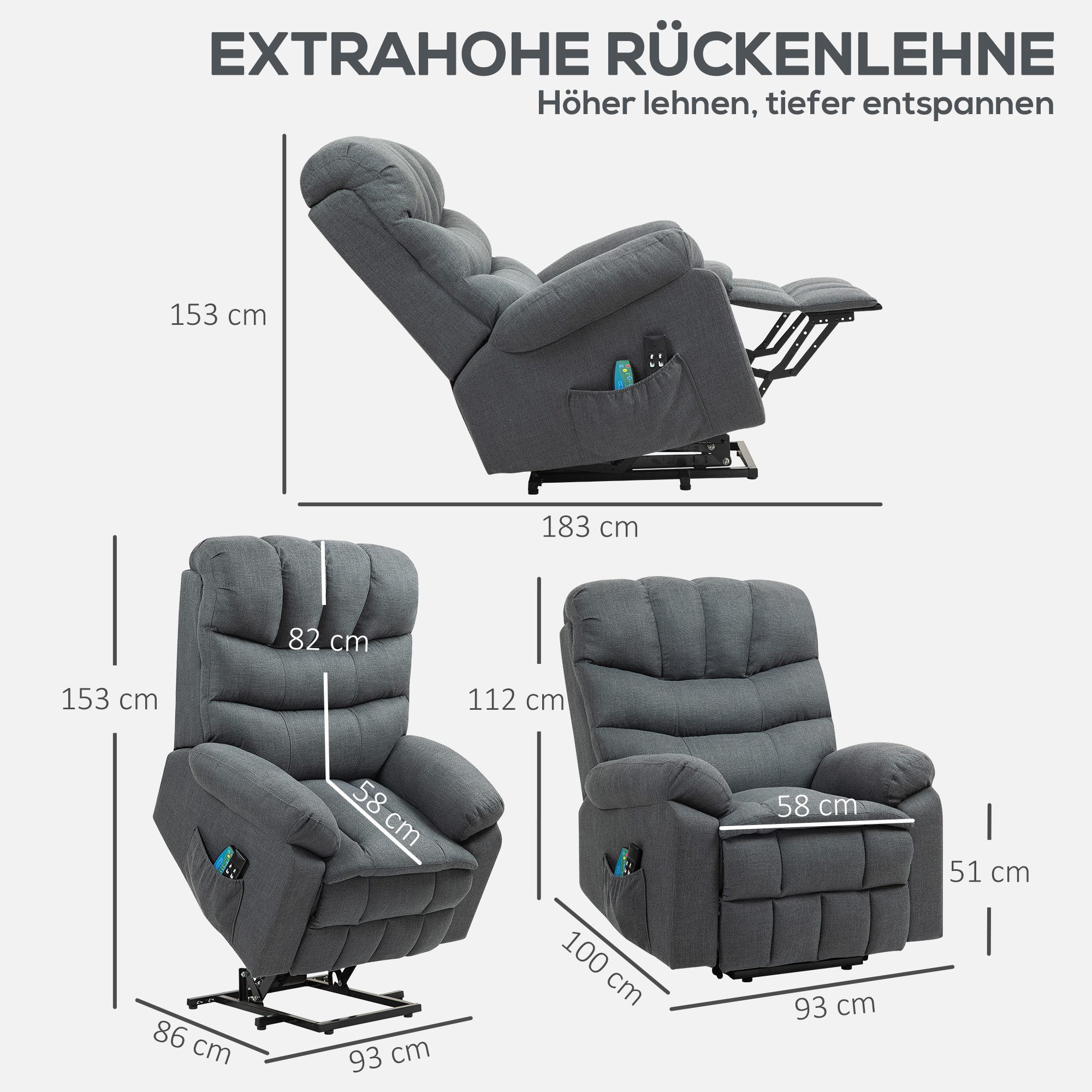 HOMCOM Relaxsessel mit verstellbar Kopfstütze und Liegefunktion mit Fernbedienung (Massagesessel mit Leinenoptik, 1-St., elektrisch Fernsehsessel mit Aufstehhilfe), für Wohnzimmer, bis 150 kg, Kunstleder, Dunkelgrau