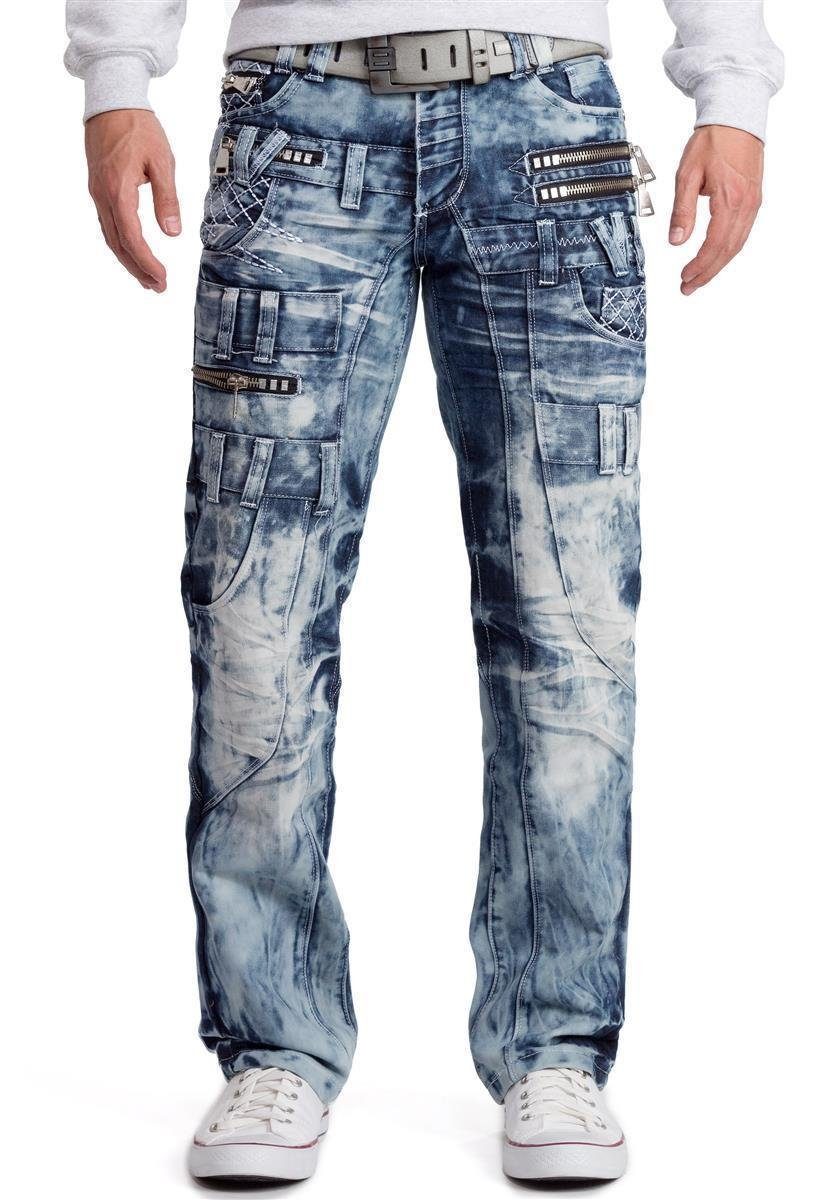 Markantes Design Applikationen blau Herren Lupo BA-KM009 mit Aufgesetzten Auffällige Kosmo 5-Pocket-Jeans Hose