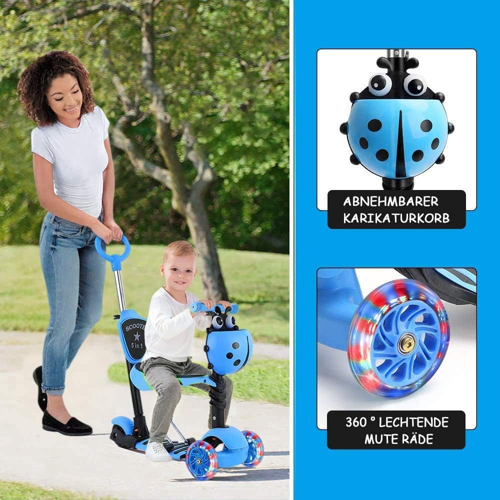 OUNUO Dreiradscooter Multifunktionaler Kinderroller mit LED Räder, für Kinder ab 2 Jahren