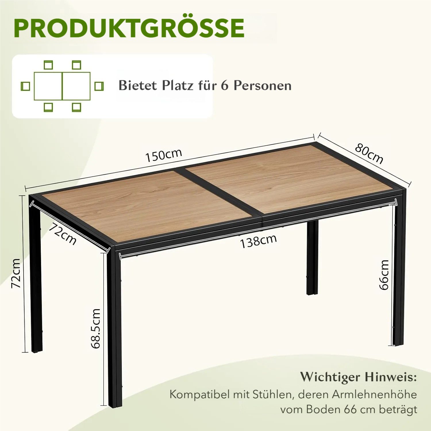 TLGREEN Gartentisch Groß, 150×80×72 cm DPC Balkontisch, (Rechteckiger Terrassentisch mit Metallgestell), Esstisch Outdoor für Garten, Balkon, Terrasse,Innenräume usw