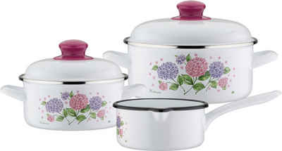 GSW Topf-Set Hortensie, Stahl-Emaille (Set, 5-tlg., 1x Kochtopf Ø 16 cm, 1x Kochtopf Ø 20 cm, 1x Stielkasserolle Ø 16 cm), Induktion