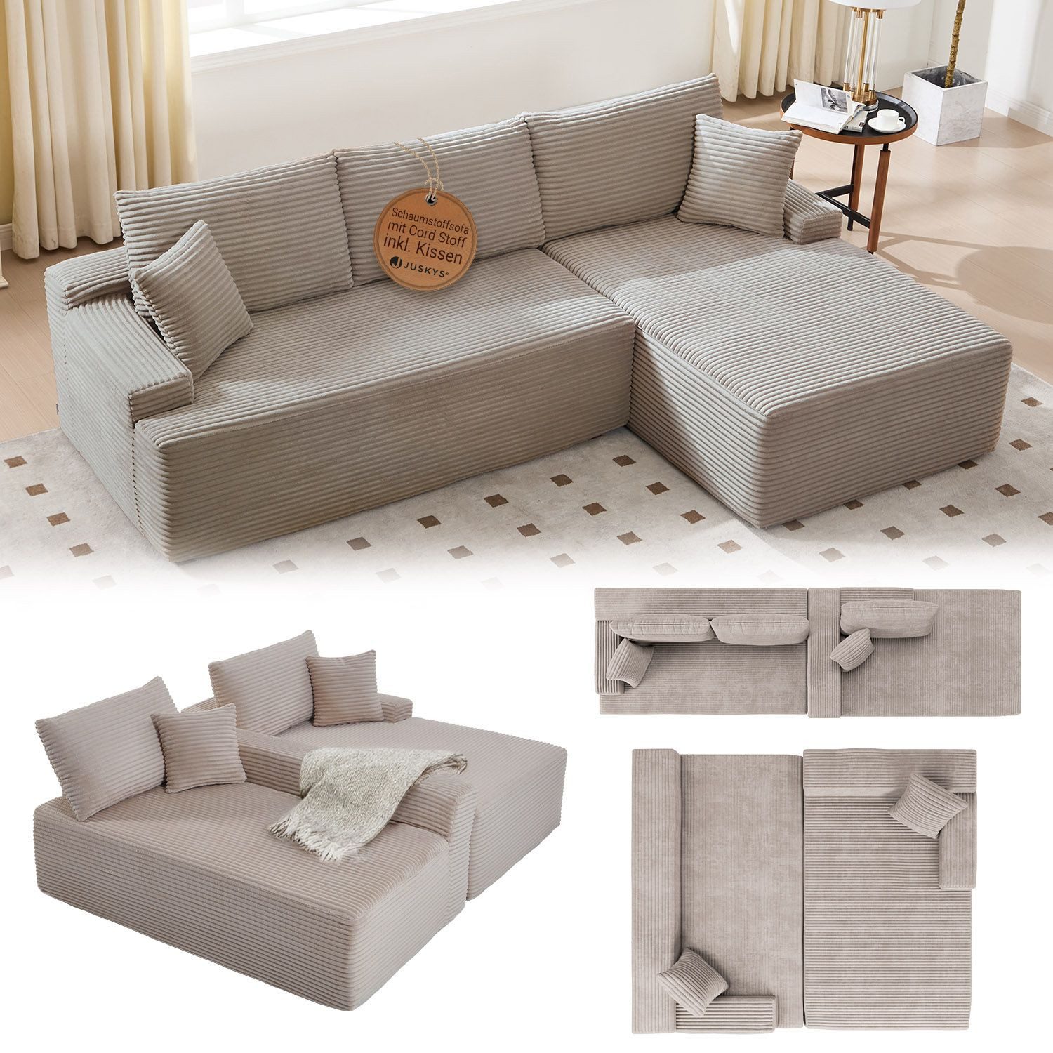 Juskys Ecksofa Coredo, Ecksofa, mit Rücken- & Dekokissen, Cordbezug, Modular platzierbar