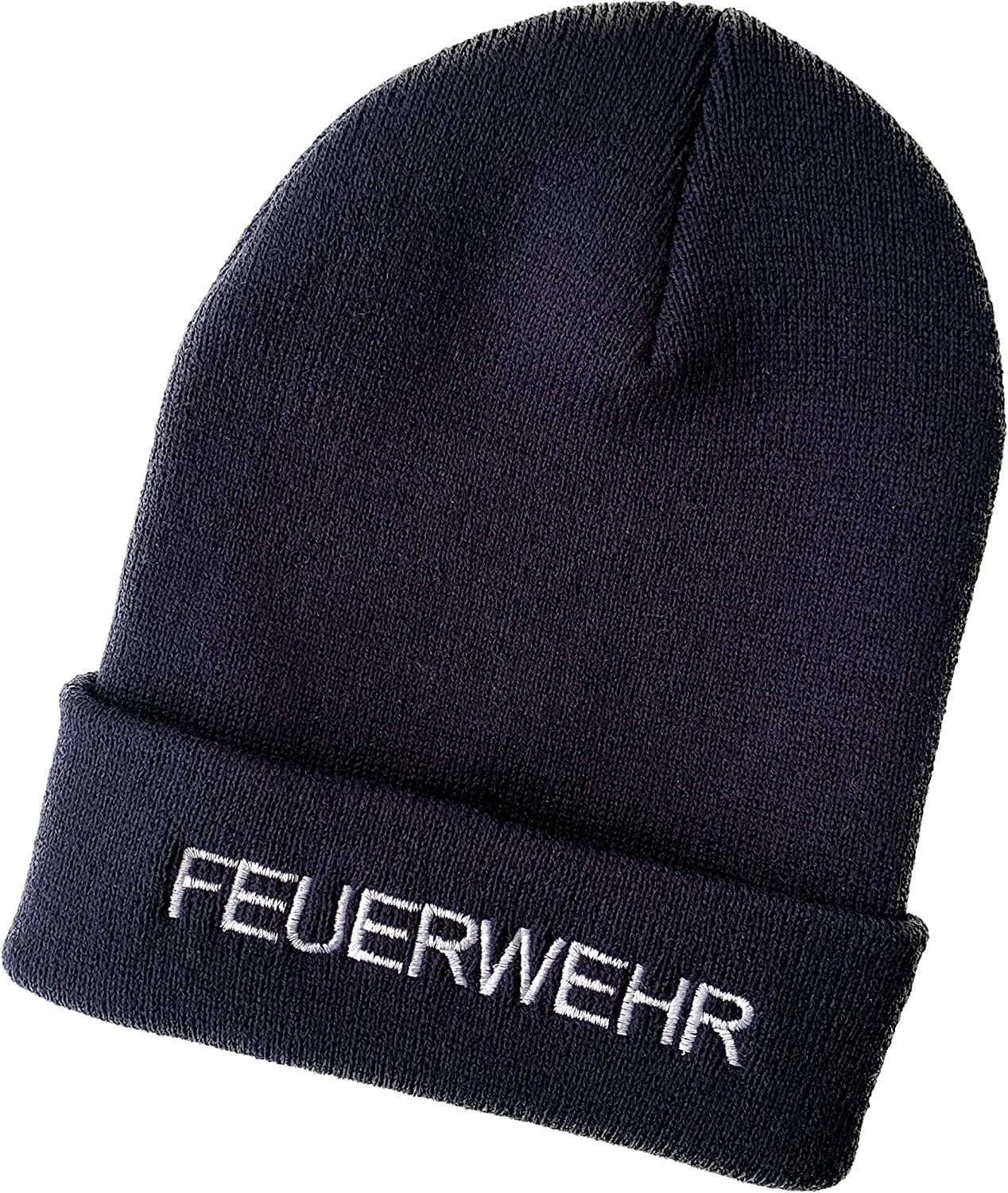 mit Mütze) bestickt (Beanie breiten mit dunkelblau mit Umschlag Strickmütze Feuerwehr Schnoschi Umschlag Strickmütze