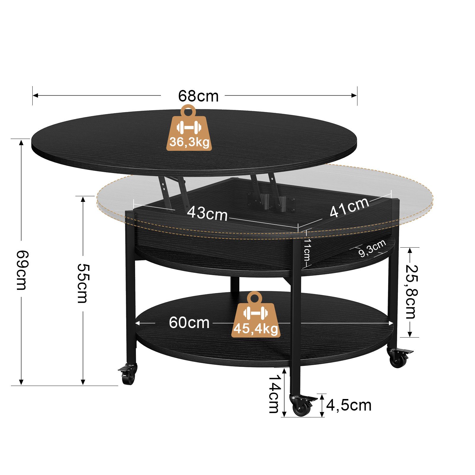 FABATO Couchtisch Runder Couchtisch mit Höhenverstellung, Rädern und Staufach (1-St), ideal für Wohnzimmer, in Schwarz