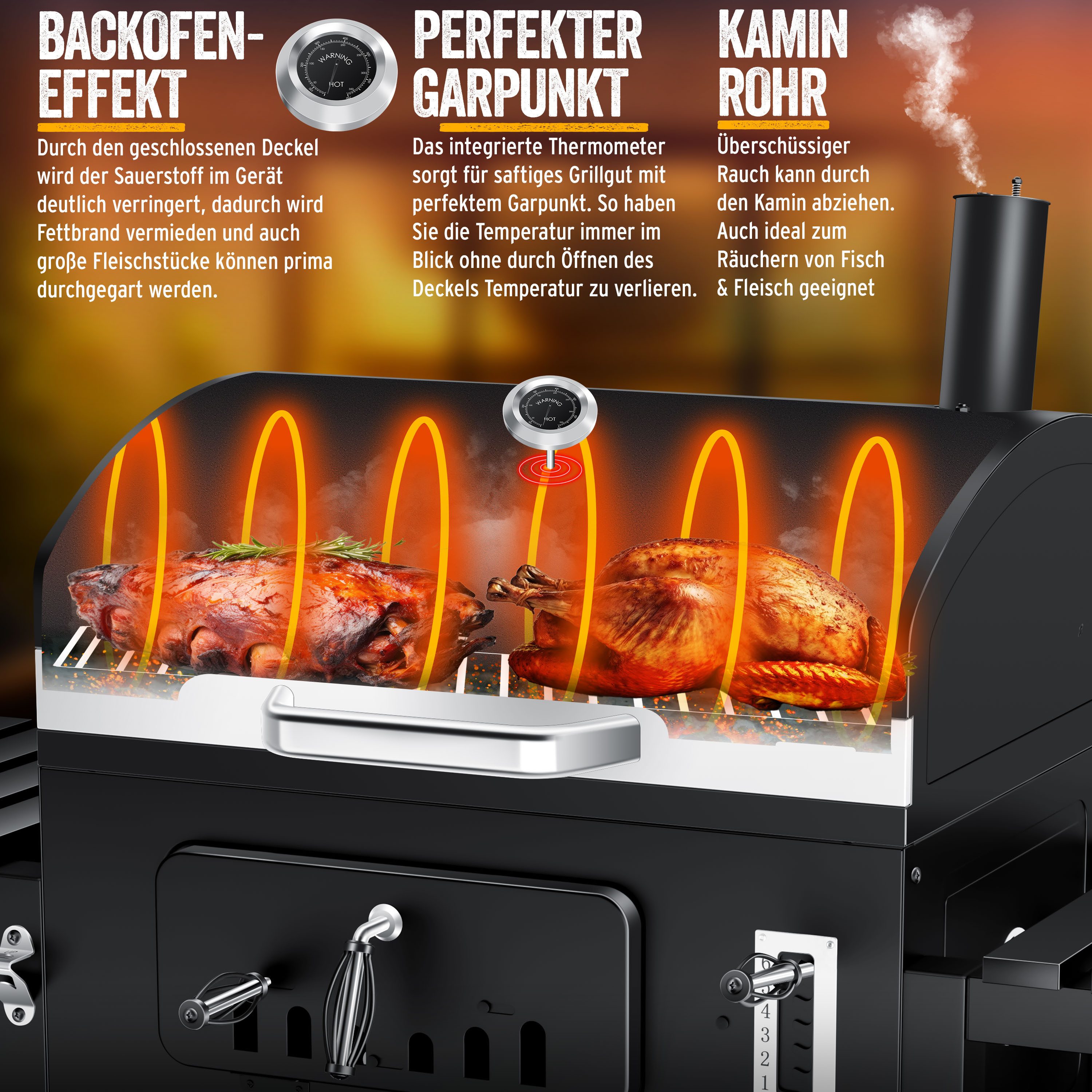 KESSER Holzkohlegrill Grillwagen BBQ Smoker XXL Holzkohlegrill mit Deckel, Rädern, Edelstahl-Griff, Thermometer, Grillrost, Standgrill, Kohlegrillwagen