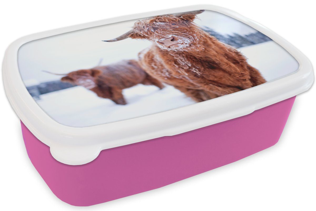 MuchoWow Lunchbox Snackbox, für rosa Kunststoff, Haut, Mädchen, - - Highlander Schottischer Erwachsene, Brotbox Kunststoff Schnee Kinder, (2-tlg), Brotdose