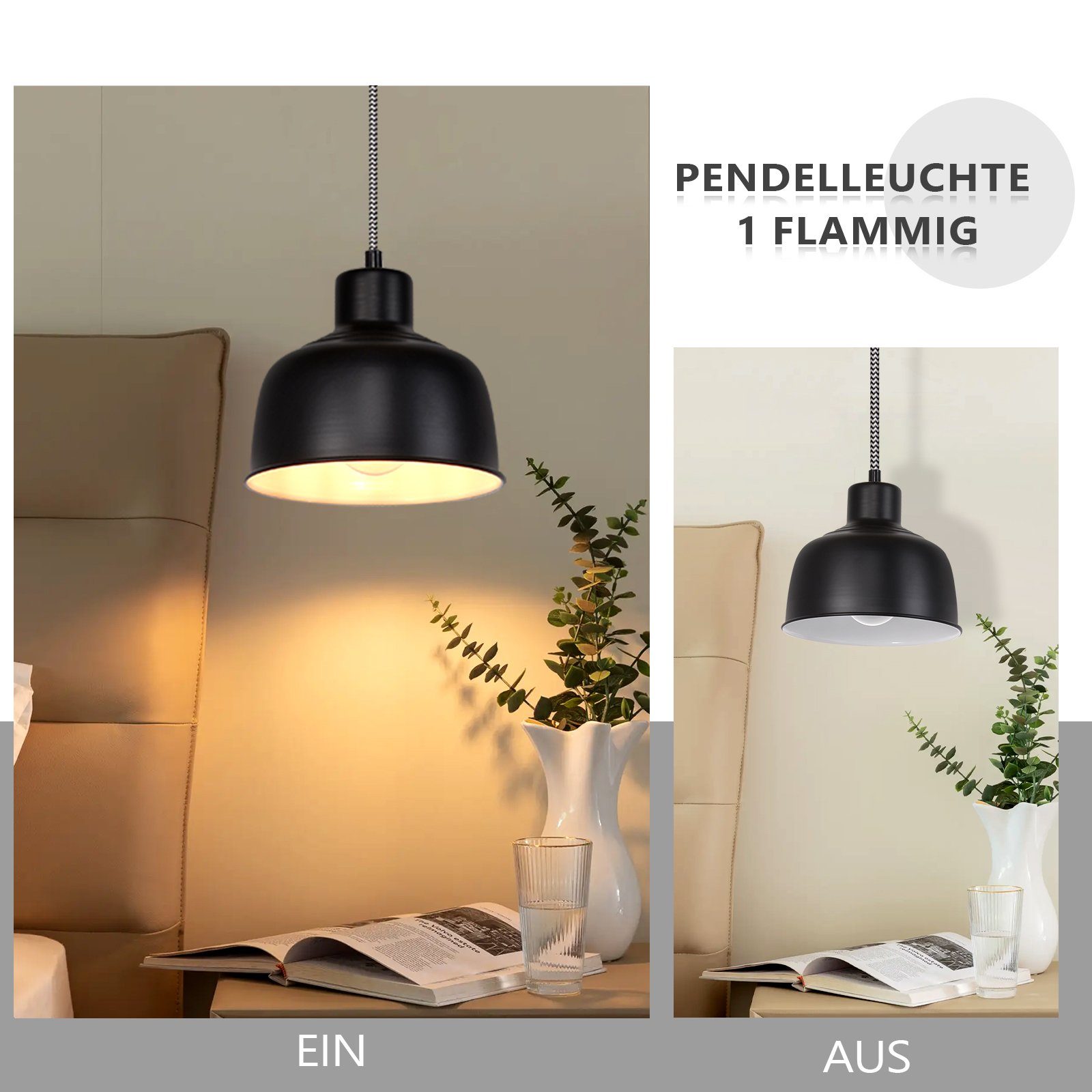 Nettlife Pendelleuchte Schwarz 1/3 Flammig Hängelampe Vintage E27 Hängeleuchte Pendellampe, Höhenverstellbar, ohne Leuchtmittel, für Esstisch Schlafzimmer Esszi – Bild 4 von 5