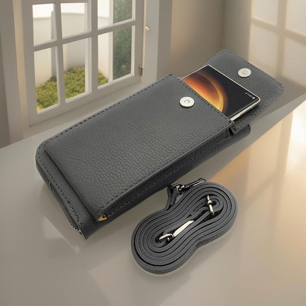 Lemasi Handytasche echt Leder Umhängetasche, Geldbörse made in Italy, Smartphonetasche, mit Kartenfächern, Schultergurt