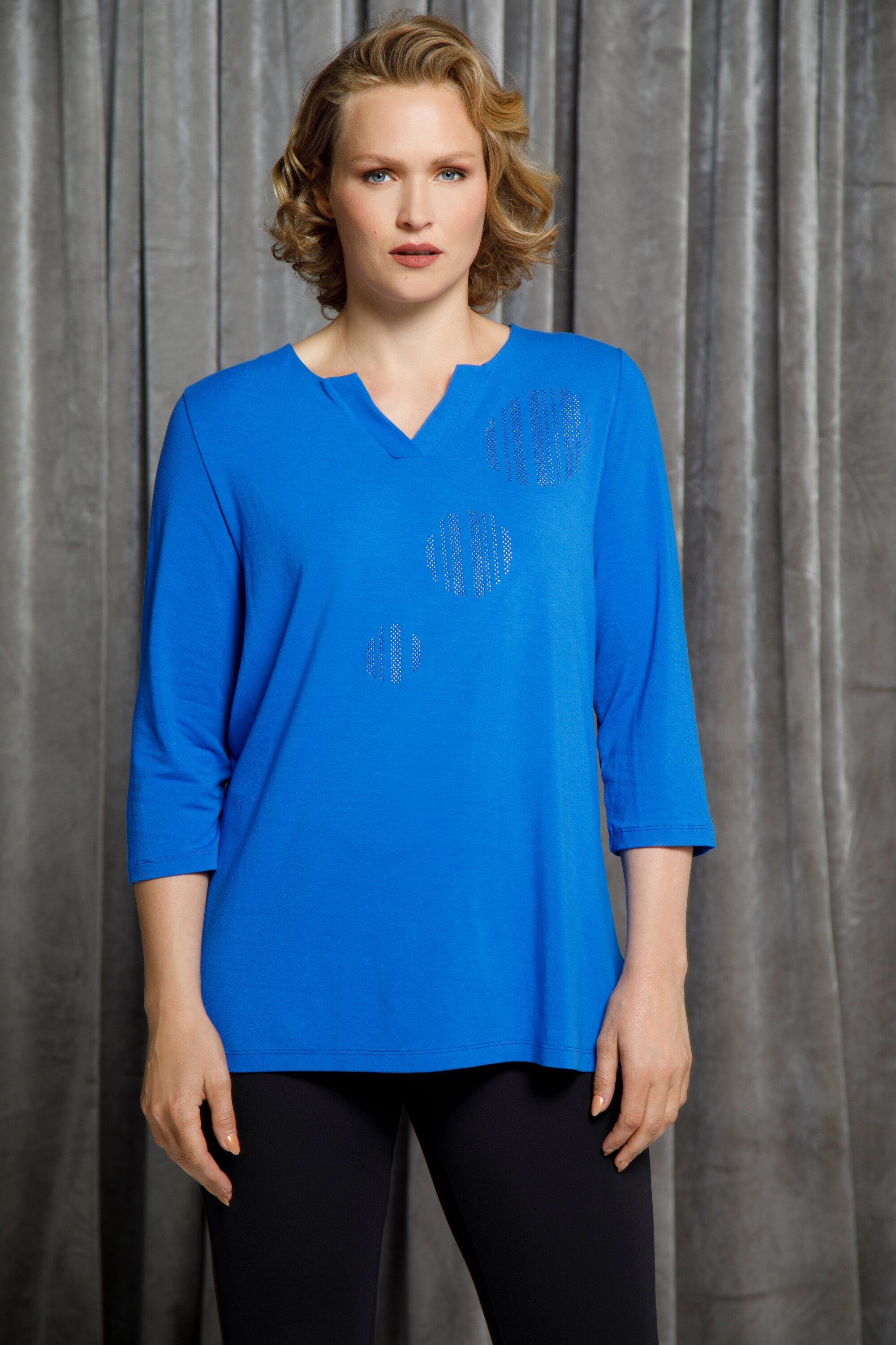 Ulla Popken Rundhalsshirt royal 3/4-Arm Zierstein-Design Shirt Rundhals