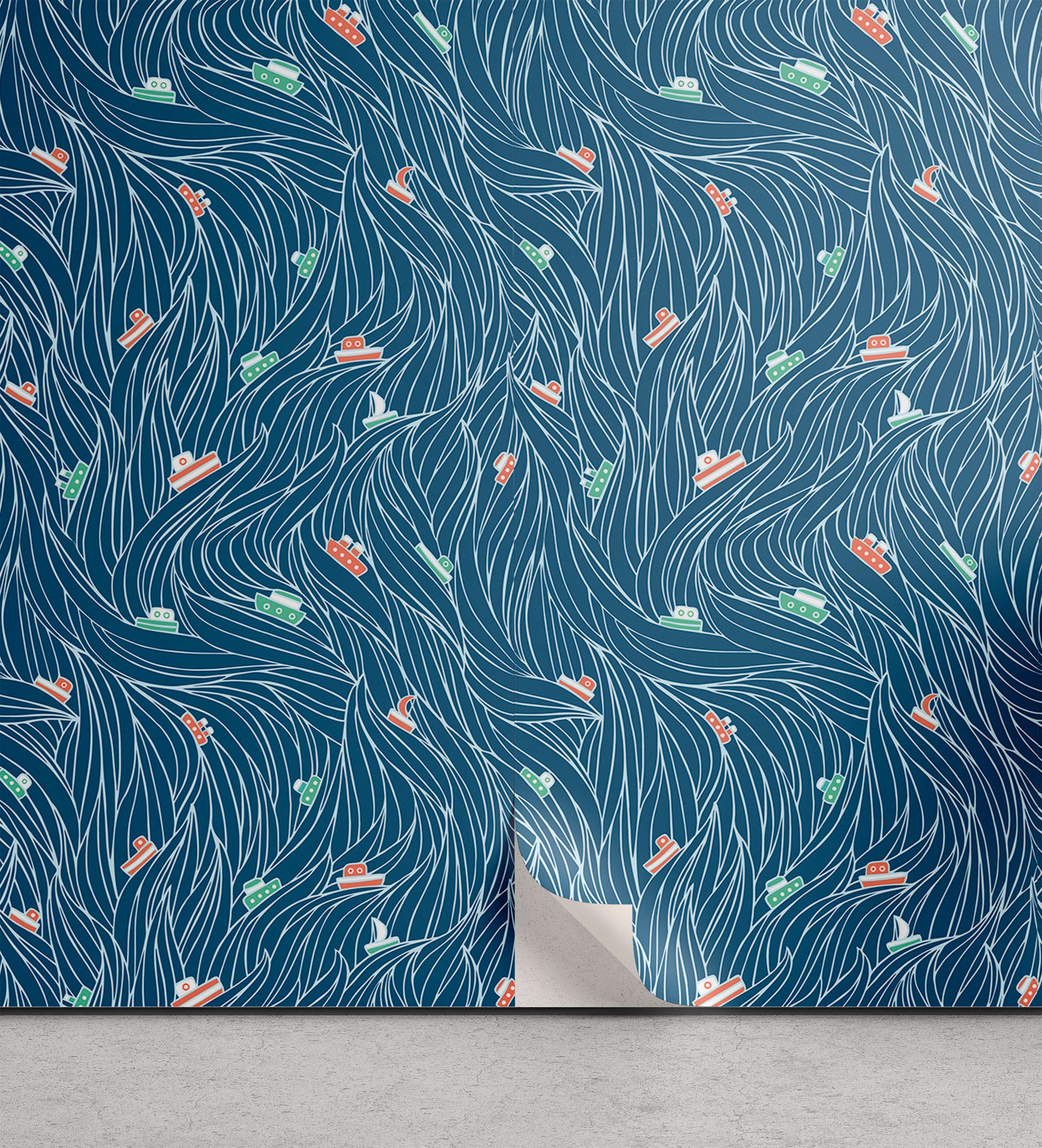 Abakuhaus Vinyltapete selbstklebendes Wohnzimmer Küchenakzent, Natur Wellen und Schiffe Cartoon