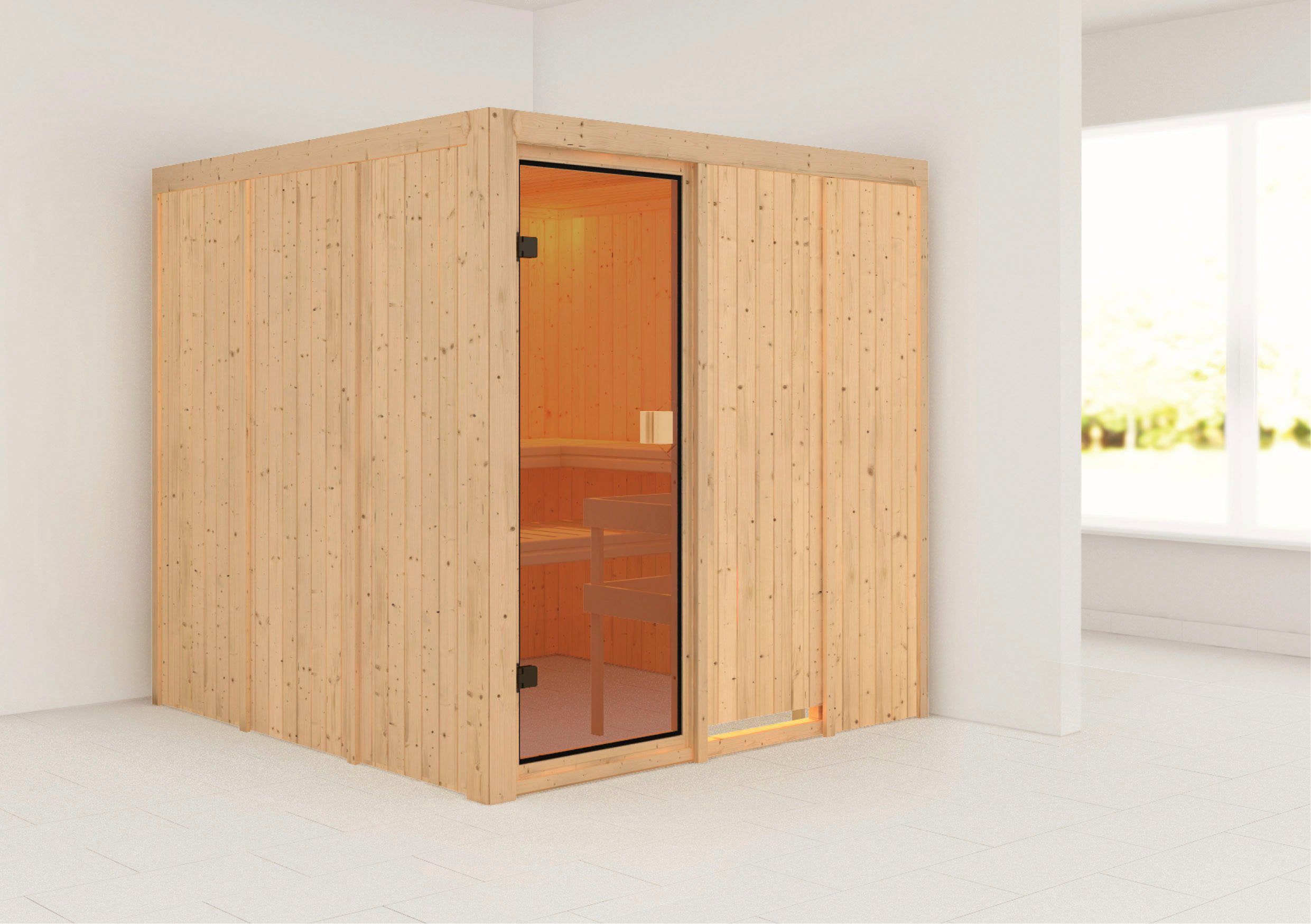 Karibu Sauna "Ouno" mit bronzierter Tür naturbelassen, BxTxH: 196 x 196 x 198 cm, 68 mm
