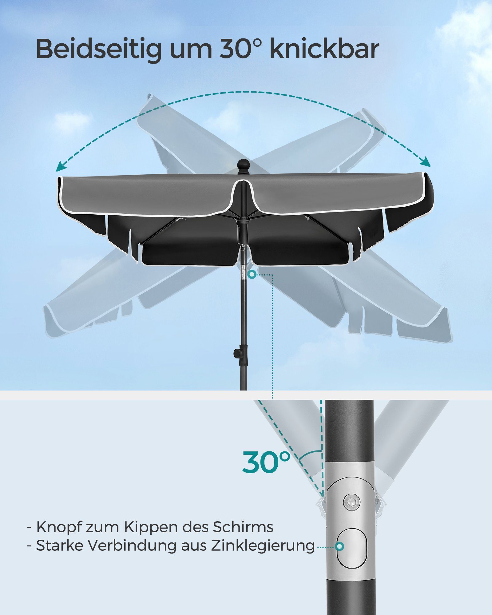 SONGMICS Sonnenschirm, LxB: 180,00x125,00 cm, Balkonschirm, UPF 50+, Aufbewahrungstasche, ohne Ständer