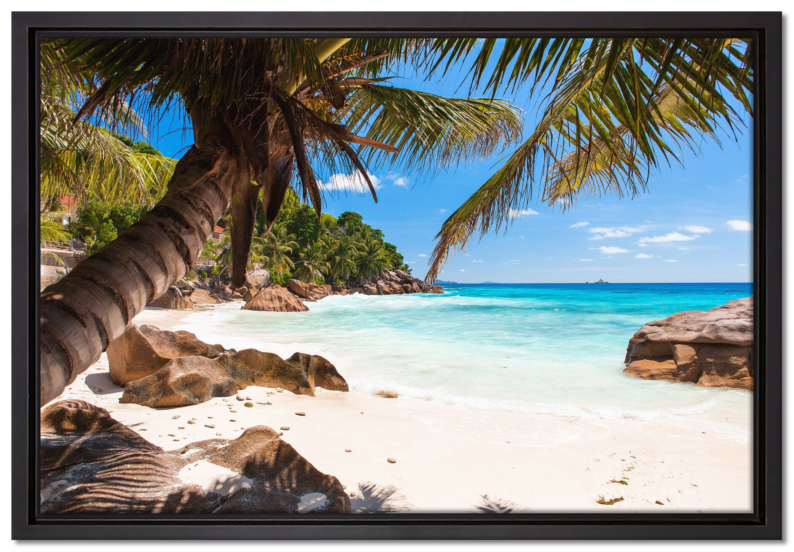 Pixxprint Leinwandbild Palmenstrand Seychellen, Wanddekoration (1 St), Leinwandbild fertig bespannt, in einem Schattenfugen-Bilderrahmen gefasst, inkl. Zackenaufhänger