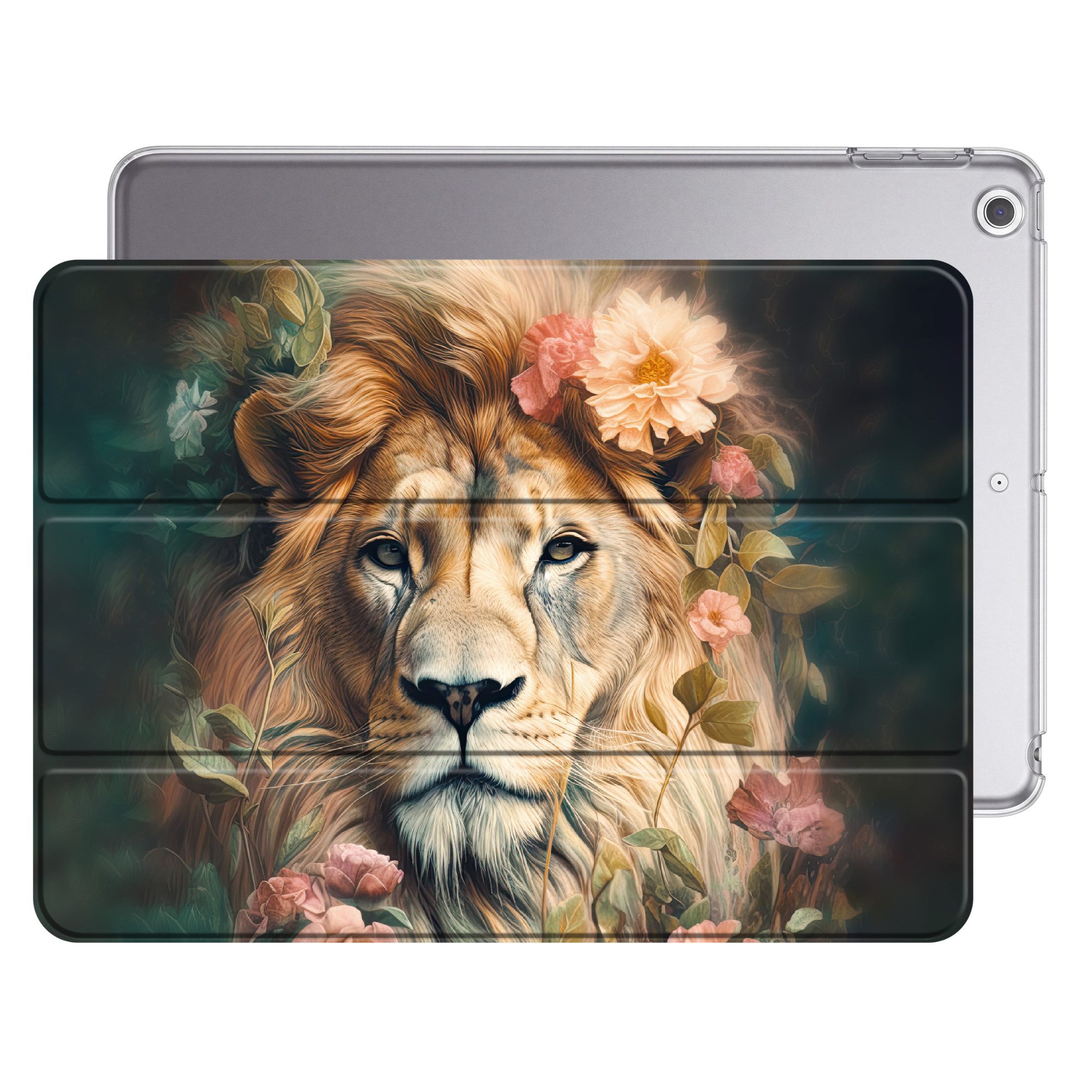 OnlyWow Tablet-Hülle Apple iPad Air 2 Löwe - Löwenkopf - Wilde Tiere - Blumen, Smart Case, Auto-Sleep/Wake-Funktion, Stoßfest, Motiv