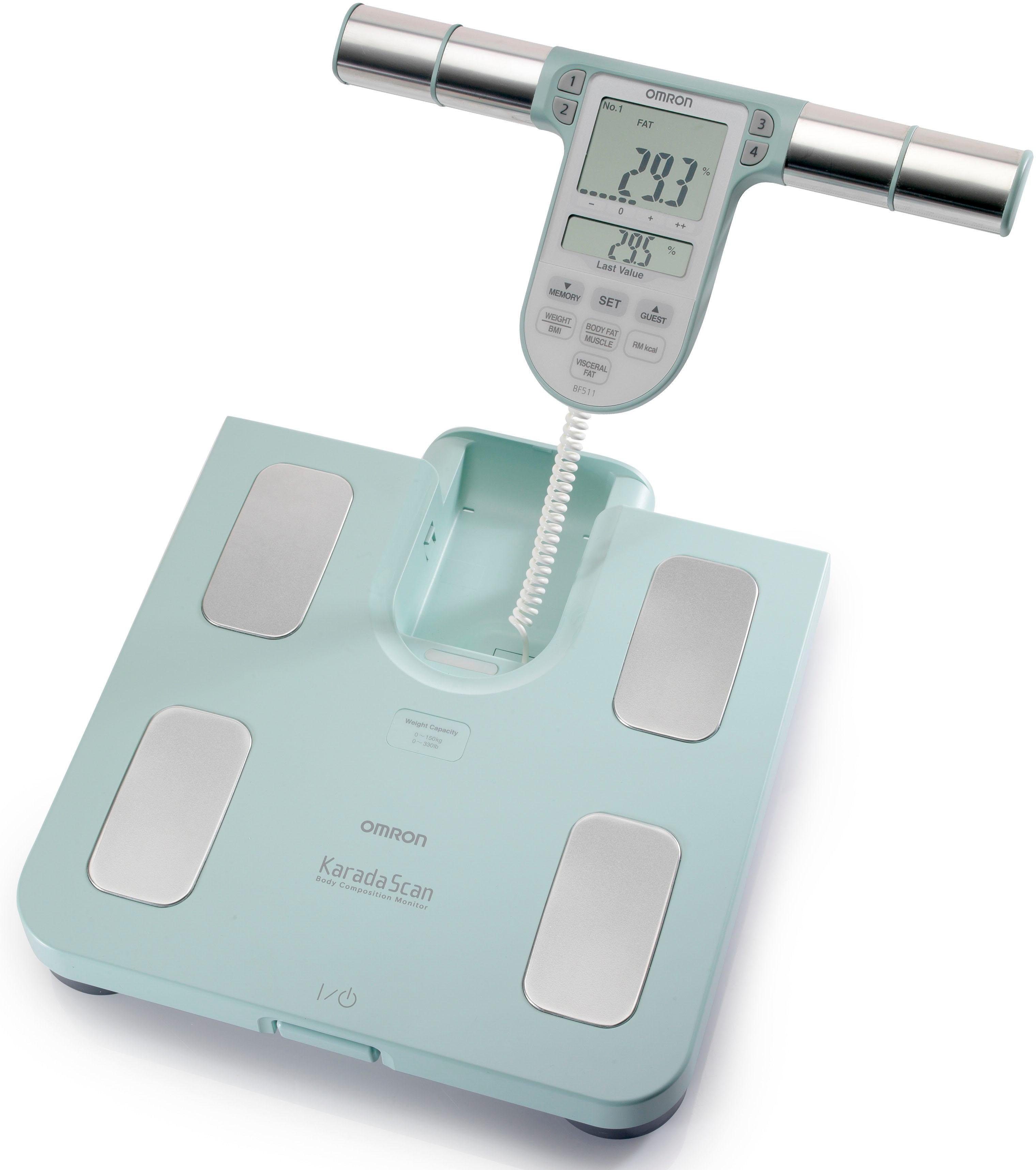 Omron Körper-Analyse-Waage BF511 Ganzkörpermessung mit klinischer Genauigkeit, 8 Sensoren, Körper- & Viszeralfett, Muskelmasse, BMI & RMR, bis 150 kg, 4 Nutzer