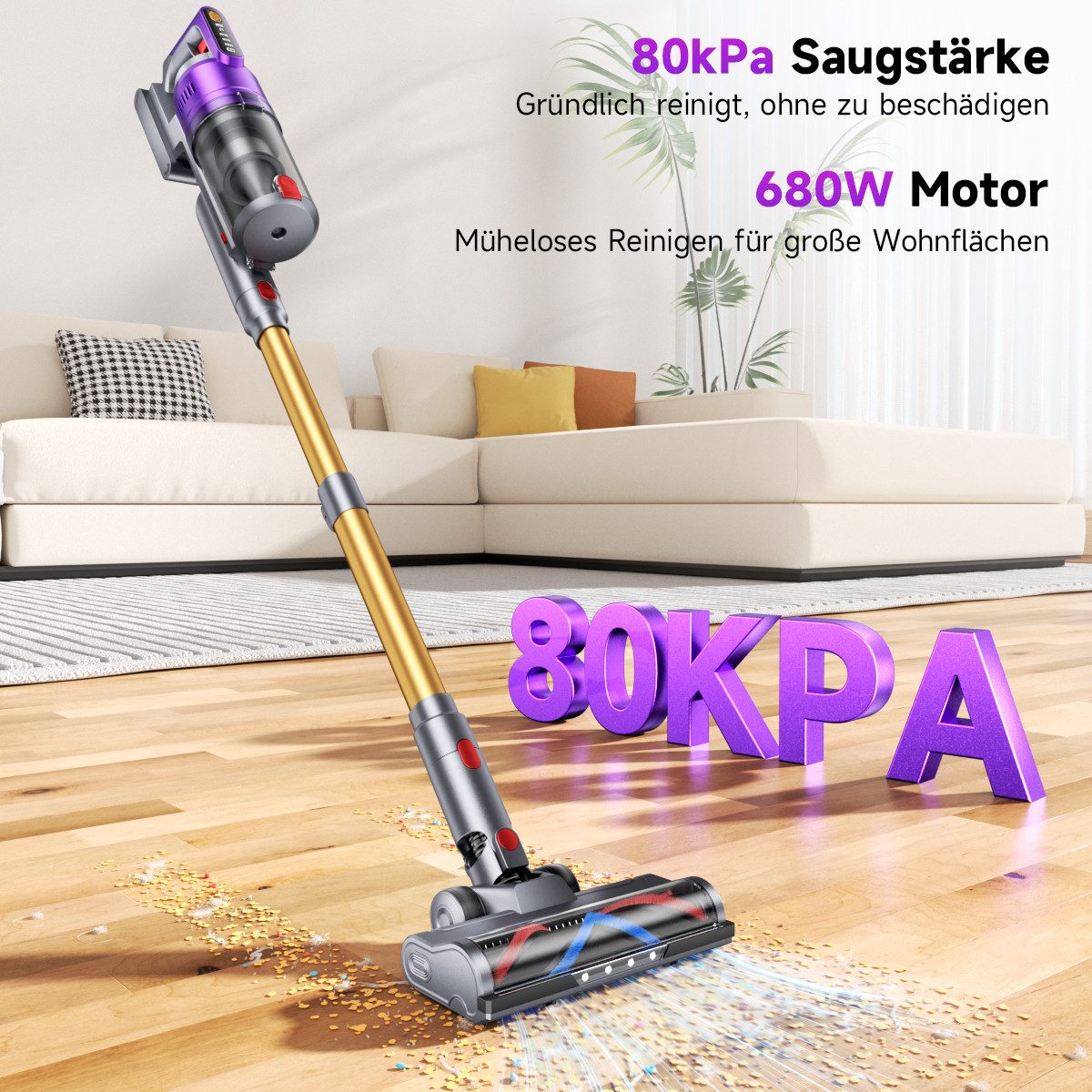 AeroAxis Akku-Hand-und Stielstaubsauger Akku-Stielstaubsauger 80000Pa Saugkraft, 75Min Laufzeit, Selbststehend, 680 W, beutellos, Anti-Tangle-Bürste für Tierhaare & Teppich, 1,8L Große Staubbehälter