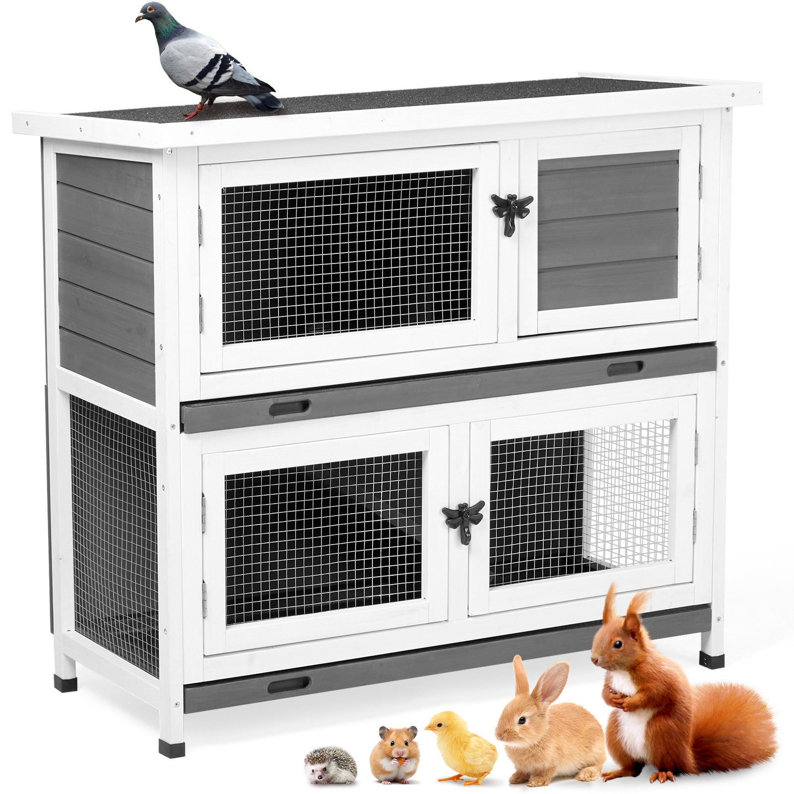 LALAHO Kleintierstall XXL Hasenstall 2 Etagen, mit herausziehbarer Schublade, 4 Türen, wetterbeständig, 91 x 45 x 83 cm, Grau