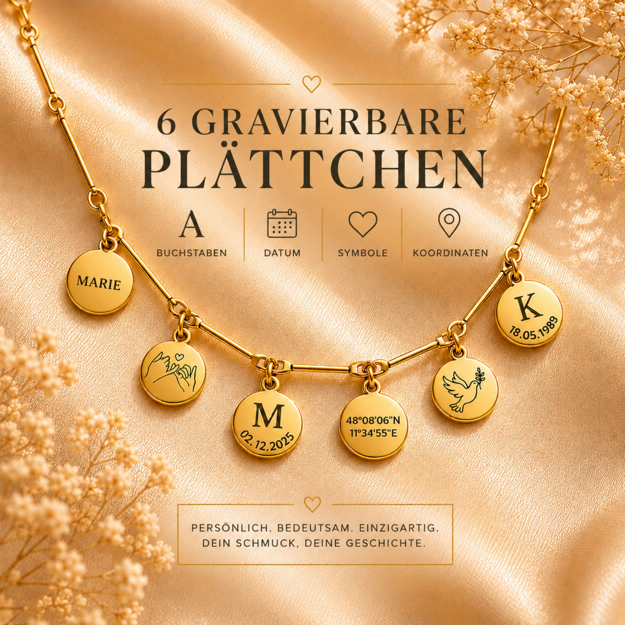 BS Schmuckdesign Kette mit Anhänger mit Gravur Halskette personalisiert Gravurkette persönliche Kette 18K vergoldet (inkl. Gravur), personalisiert inkl. Geschenkbox