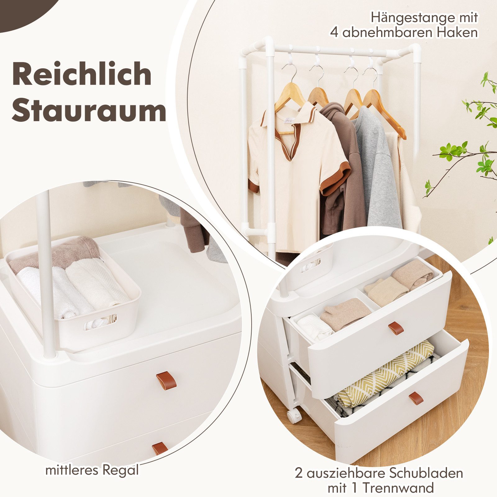 COSTWAY Kleiderständer, mit 2 Schubladen, Stange, Ablage & Haken, auf Rollen