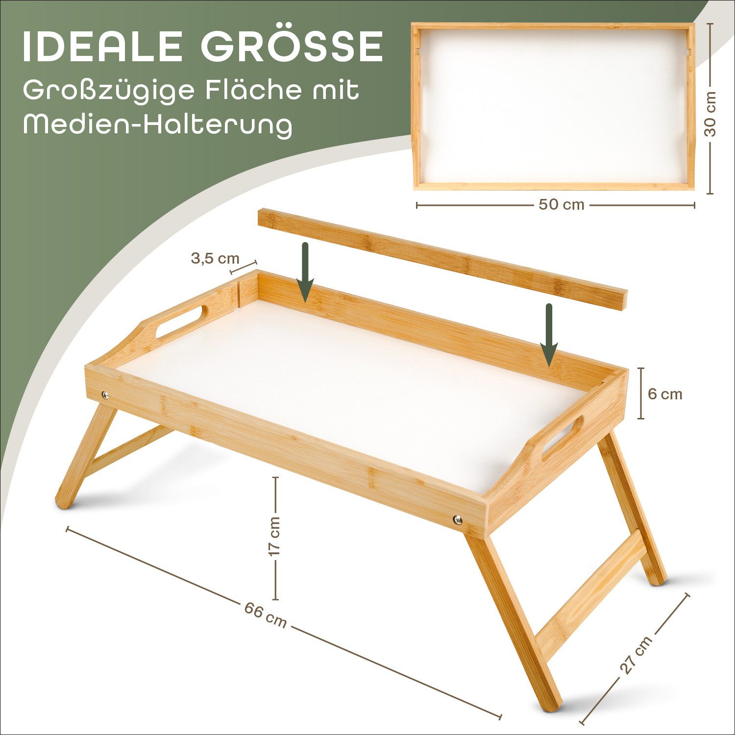 Blumtal Tabletttisch Betttablett aus Bambus mit Holzstrebe für Tablets/Handys, Frühstückstablett fürs Bett - Betttisch klappbar 50 x 30 x 6 cm