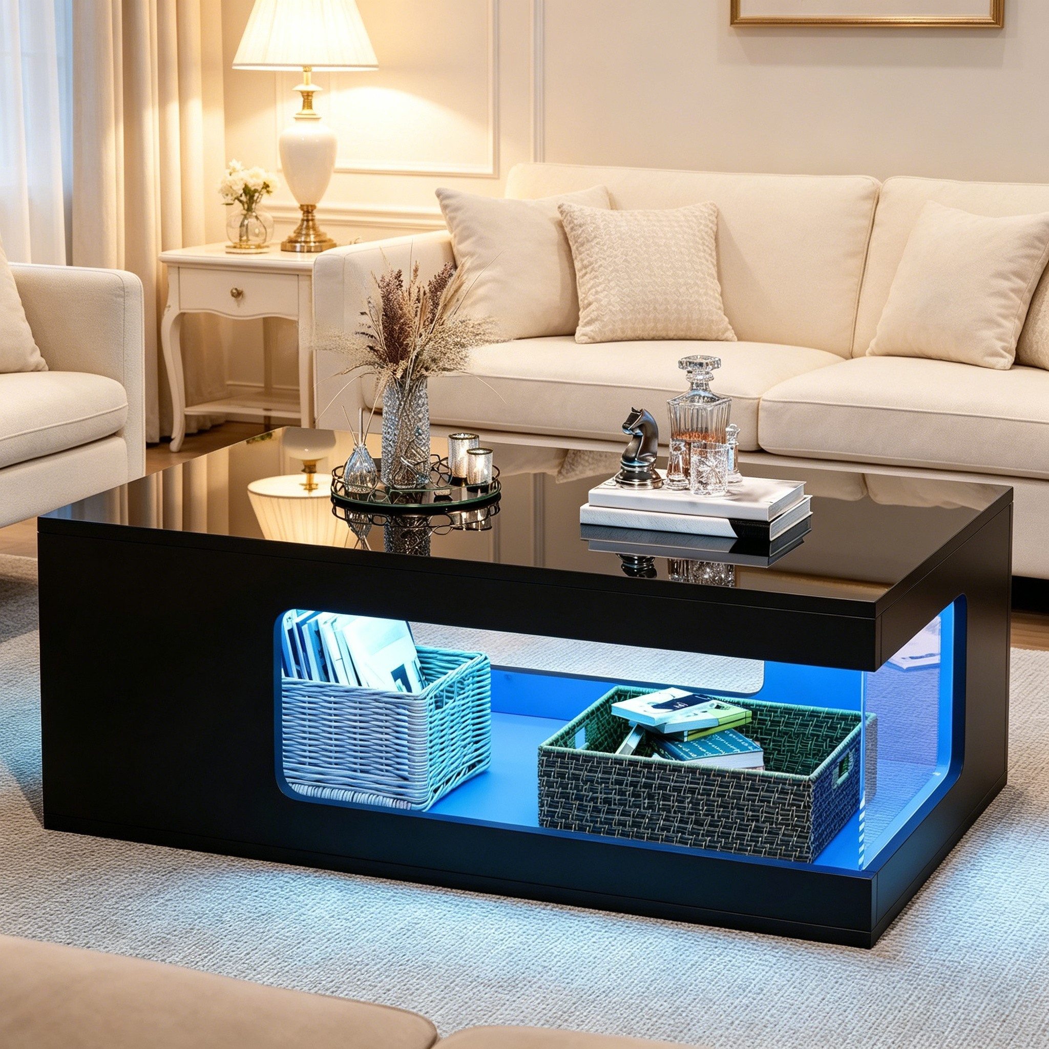 REDOM Couchtisch Wohnzimmertisch durchbrochen 50x100x35cm (Packung, 1-St., Schwarz, aus Spanplatte), mit Glasablagen & LED-Lichtleiste
