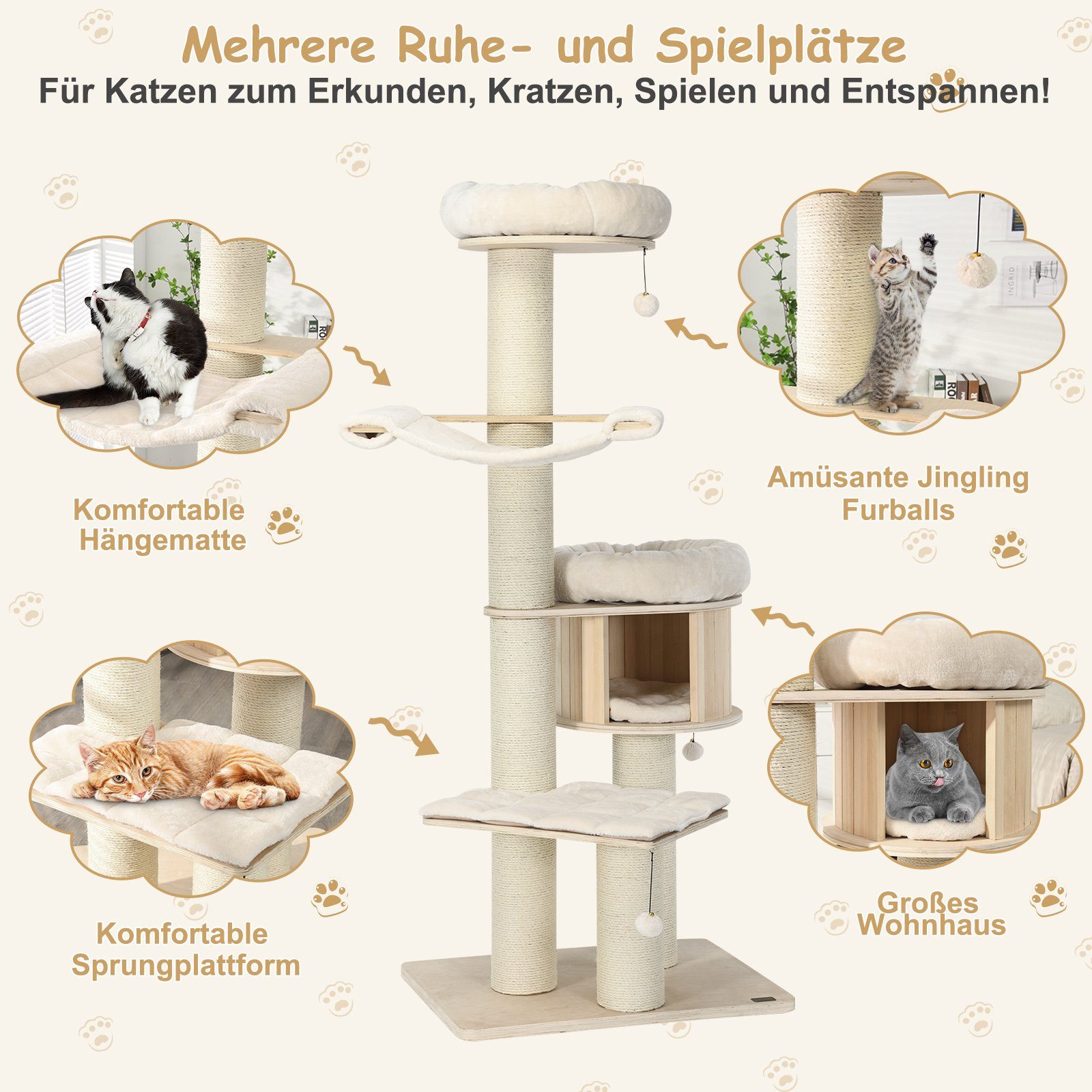 Wandmontierter Kratzbaum Für Katzen – 175 Cm Hoch Mit Teppichregalen & Jutepfosten