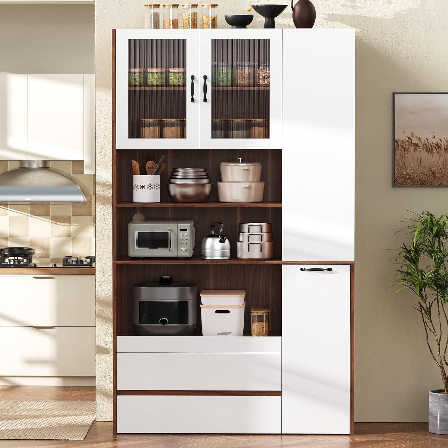 LuxusKollektion Küchenbuffet Buffetschrank Regalböden Schubladen Riffelglas Nussbaum Stil 10