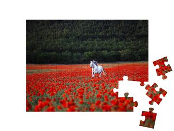 puzzleYOU Puzzle Weißes Pferd galoppiert über ein rotes Mohnfeld, 48 Puzzleteile, puzzleYOU-Kollektionen Blumenwiesen, Blumen & Pflanzen