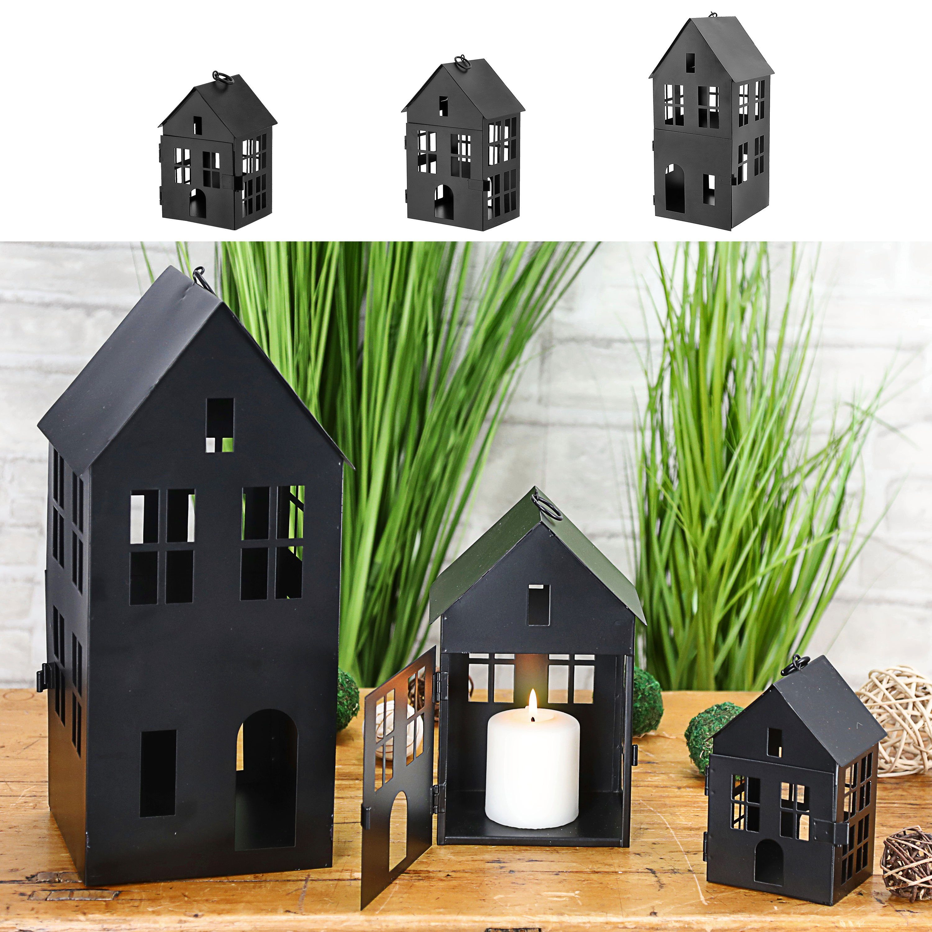 CEPEWA Windlicht Windlicht Haus 3er Set 3 Größen Eisen schwarz Metallhaus D günstig online kaufen