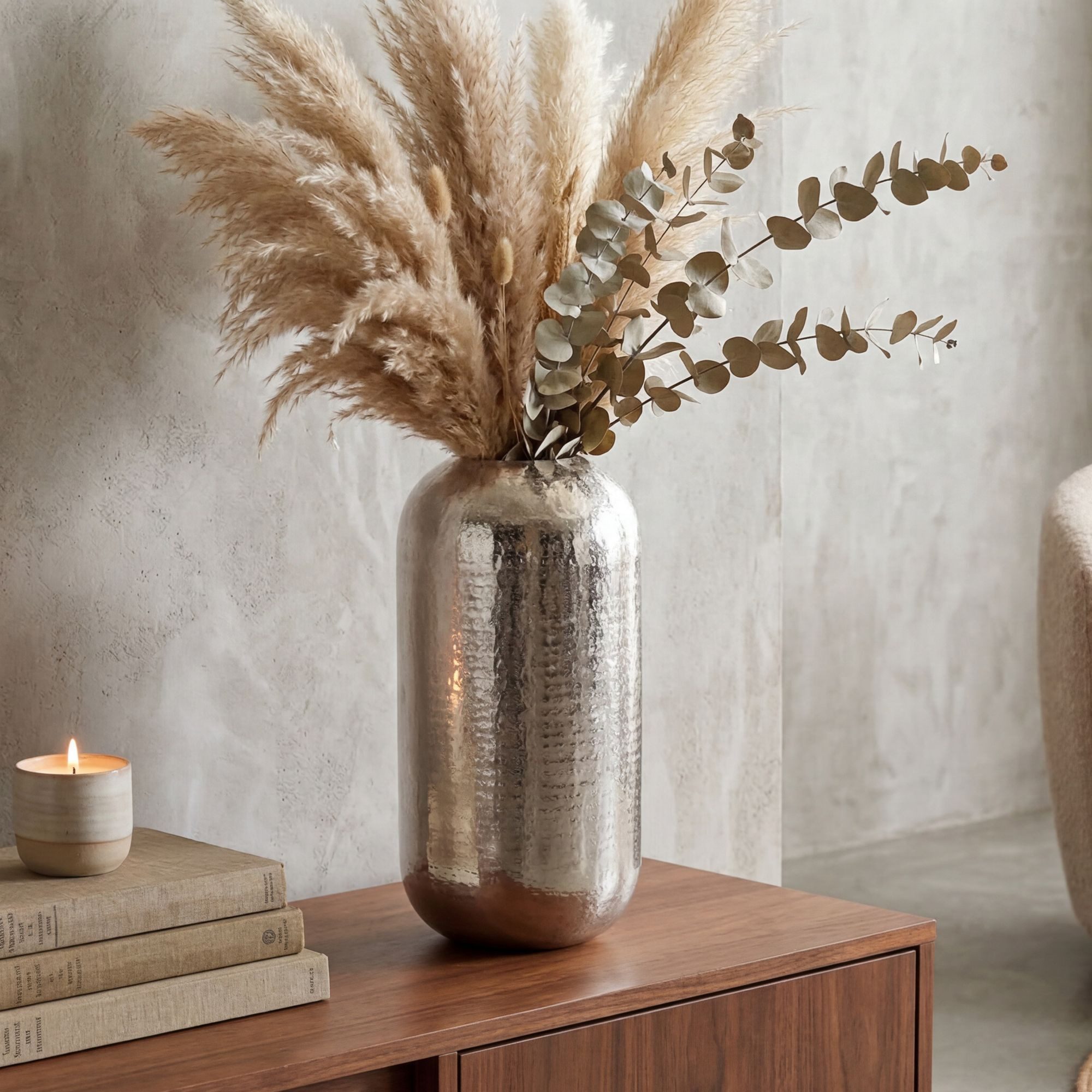 FINEBUY Bodenvase FB76405 Vase 45 cm Aluminium Silber Blumenvase Wohndeko Groß Rund (Elegantes Wohnaccessoire für stilvolle Räume), Große Vase mit moderner Ausstrahlung