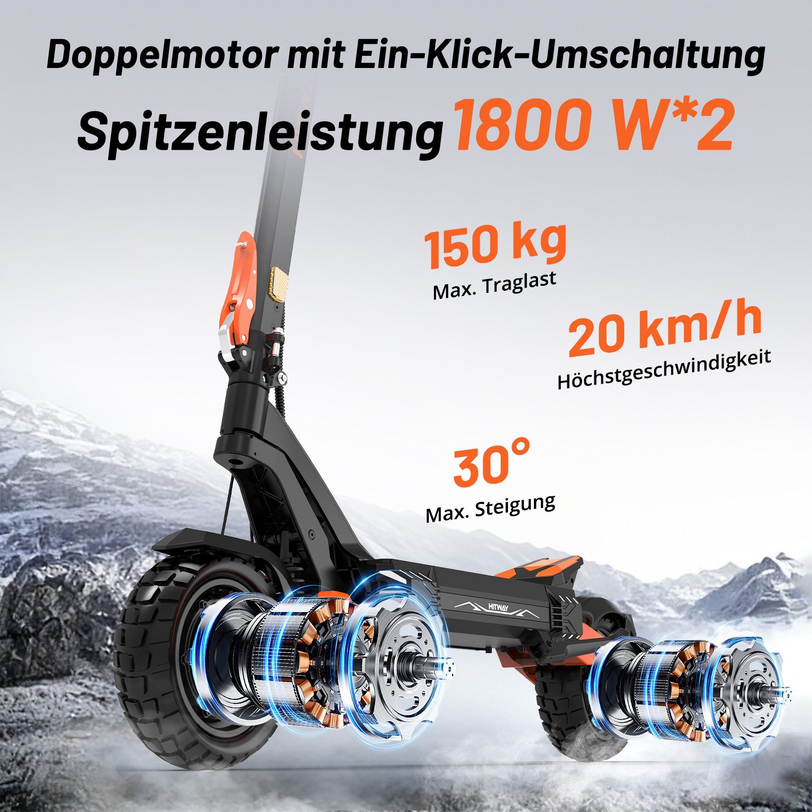 HITWAY E-Scooter 10 Zoll E-Roller mit Straßenzulassung ABE, 2×1800W Doppelmotor, 20 km/h, (mit Schutzblech), bis zu 130km, NFC/Blinker/APP, Faltbar