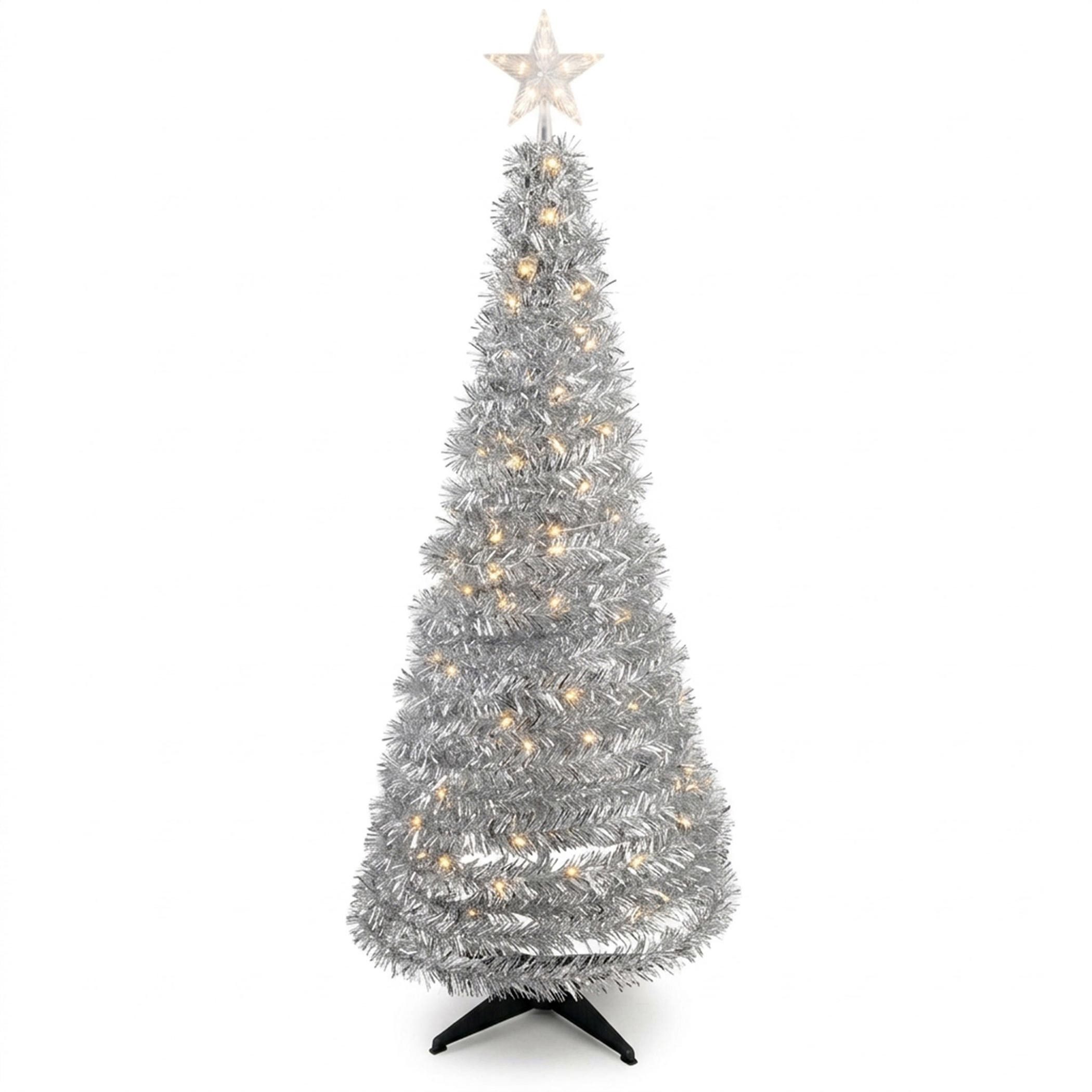 Spetebo Künstlicher Weihnachtsbaum Spiral Weihnachtsbaum 150 cm mit 120 LED - silber, Kunst Tannenbaum mit Stern Spitze für Außen und Innen